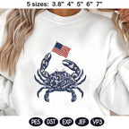 Chinoiserie Crab Embroidery Design with USA Flag, Patriotic Nautical Sea Life, 4th of July Machine Embroidery File,5 sizes, Digital Download