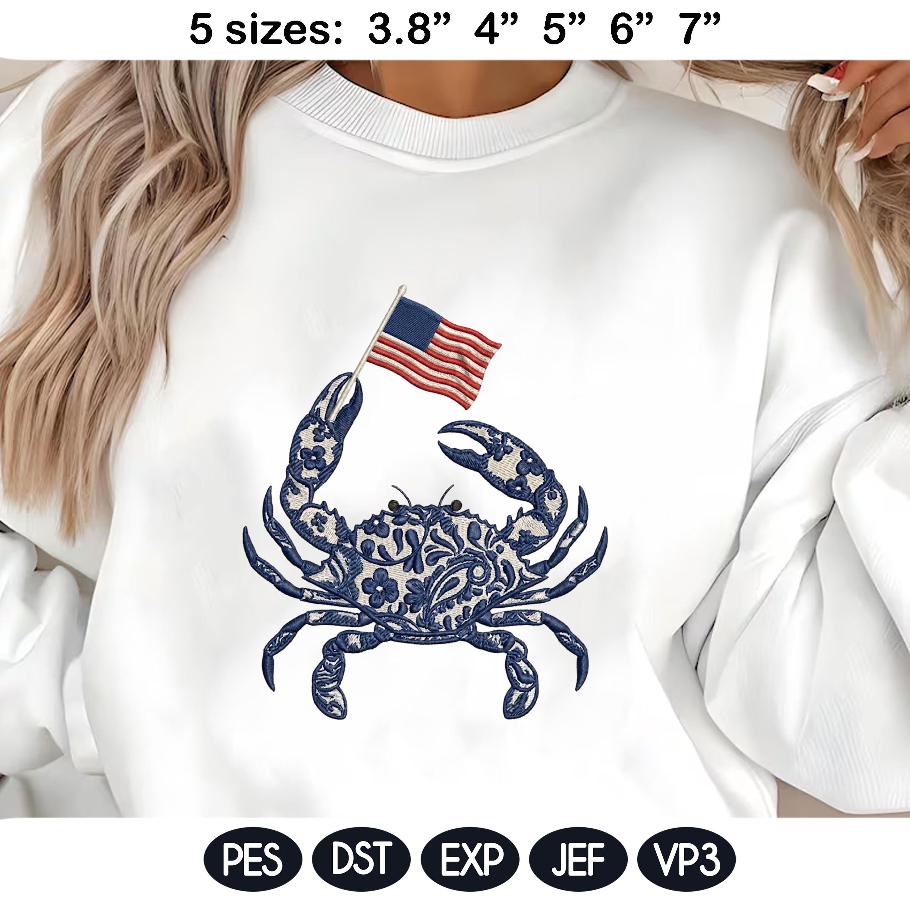 Chinoiserie Crab Embroidery Design with USA Flag, Patriotic Nautical Sea Life, 4th of July Machine Embroidery File,5 sizes, Digital Download