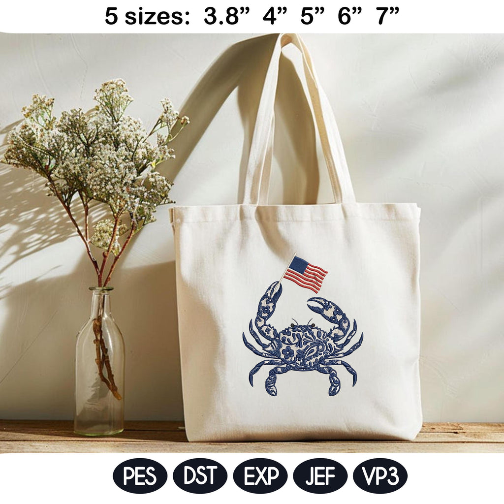 Chinoiserie Crab Embroidery Design with USA Flag, Patriotic Nautical Sea Life, 4th of July Machine Embroidery File,5 sizes, Digital Download