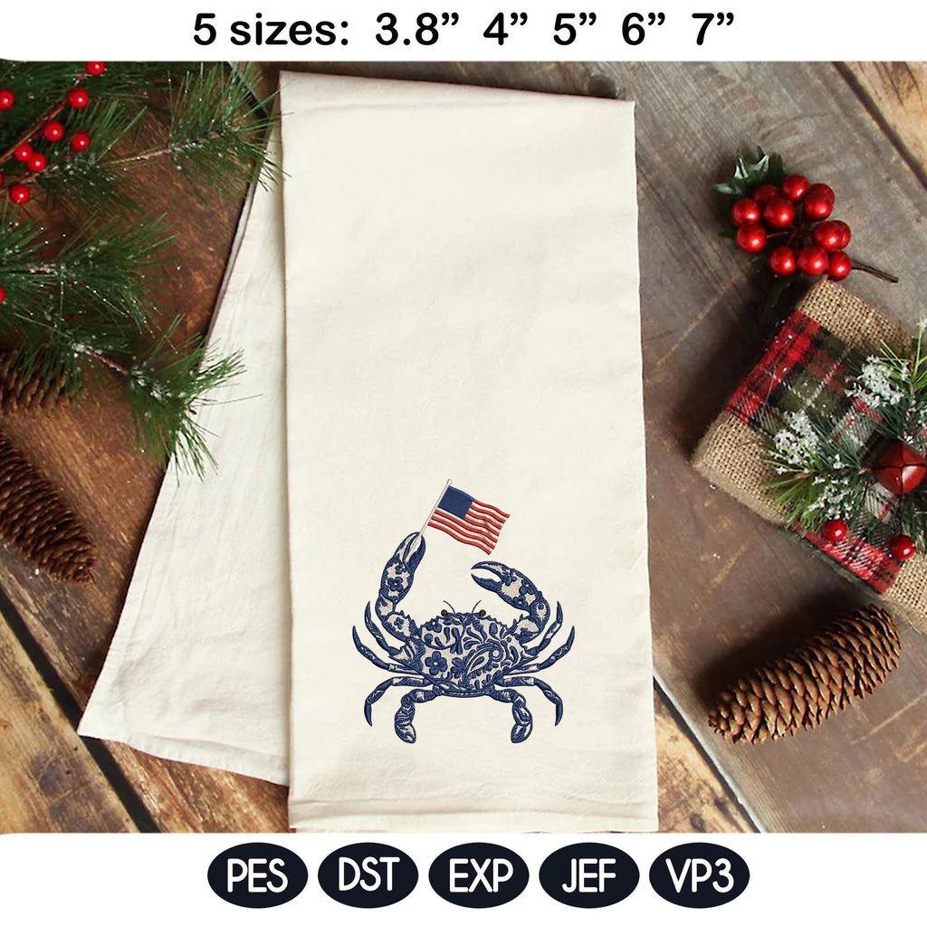 Chinoiserie Crab Embroidery Design with USA Flag, Patriotic Nautical Sea Life, 4th of July Machine Embroidery File,5 sizes, Digital Download