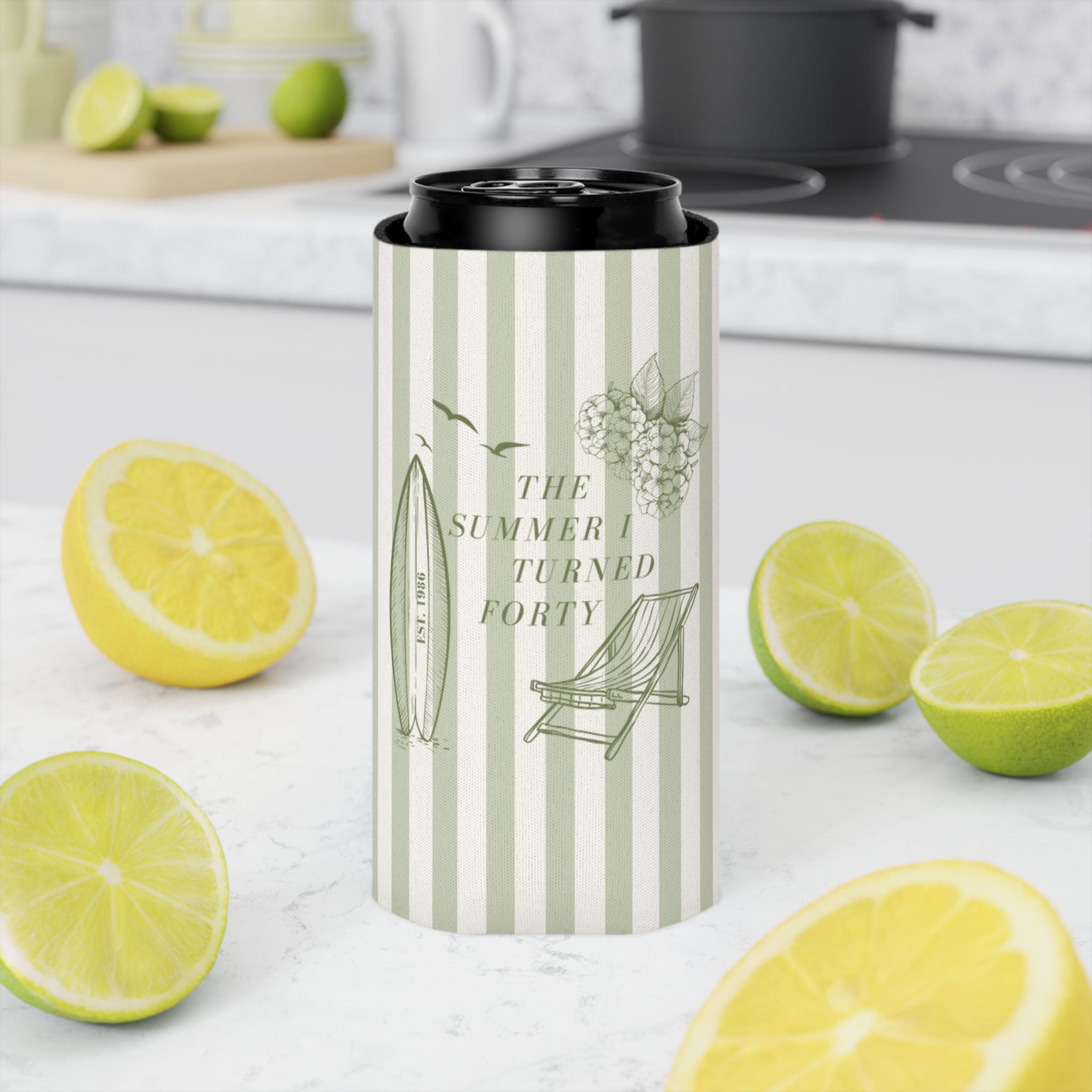The Summer I Turned Thirty Birthday Can Cooler, 30th, 40th, 50th summer I turned any age Birthday party favors, Beach Birthday drink sleeve
