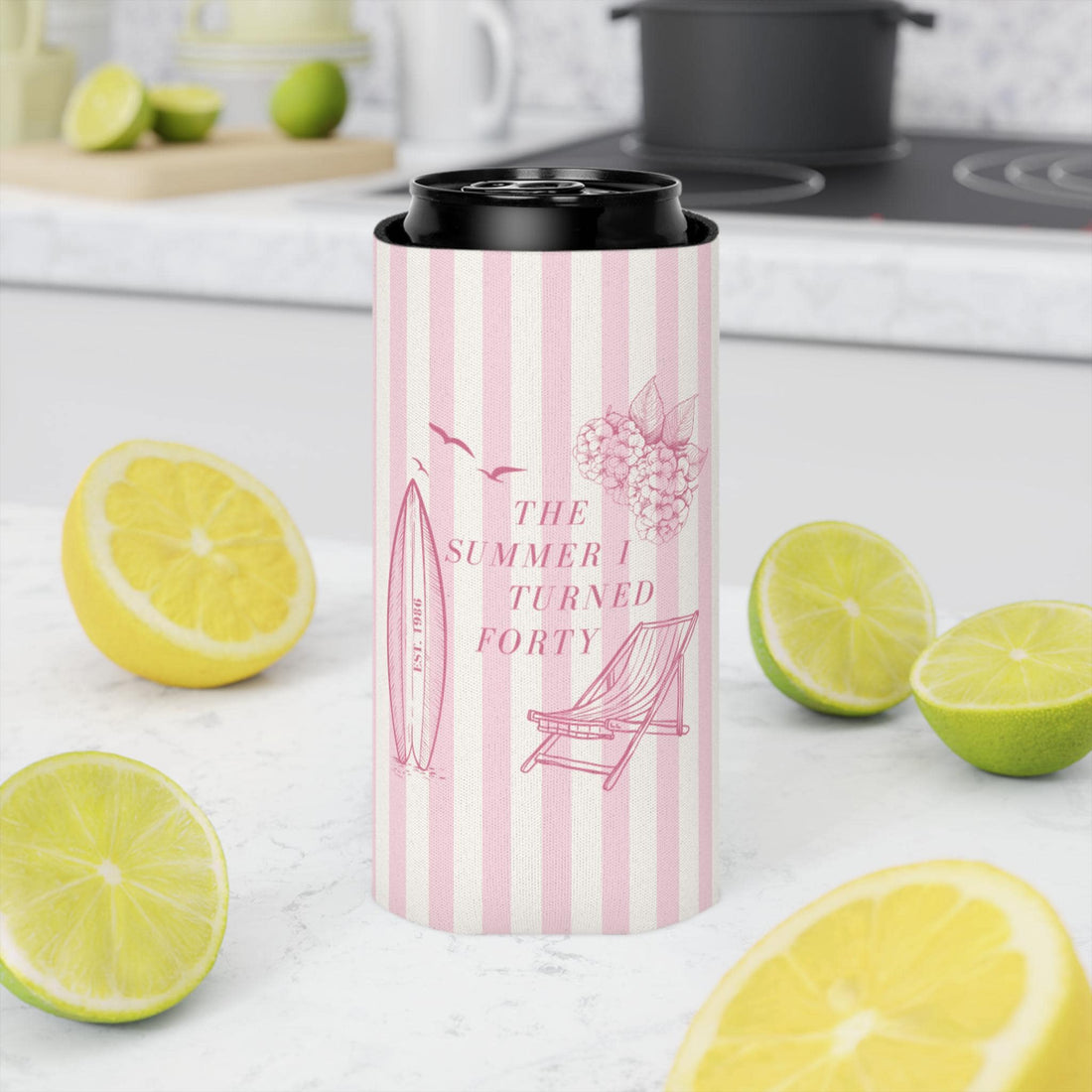 The Summer I Turned Thirty Birthday Can Cooler, 30th, 40th, 50th summer I turned any age Birthday party favors, Beach Birthday drink sleeve