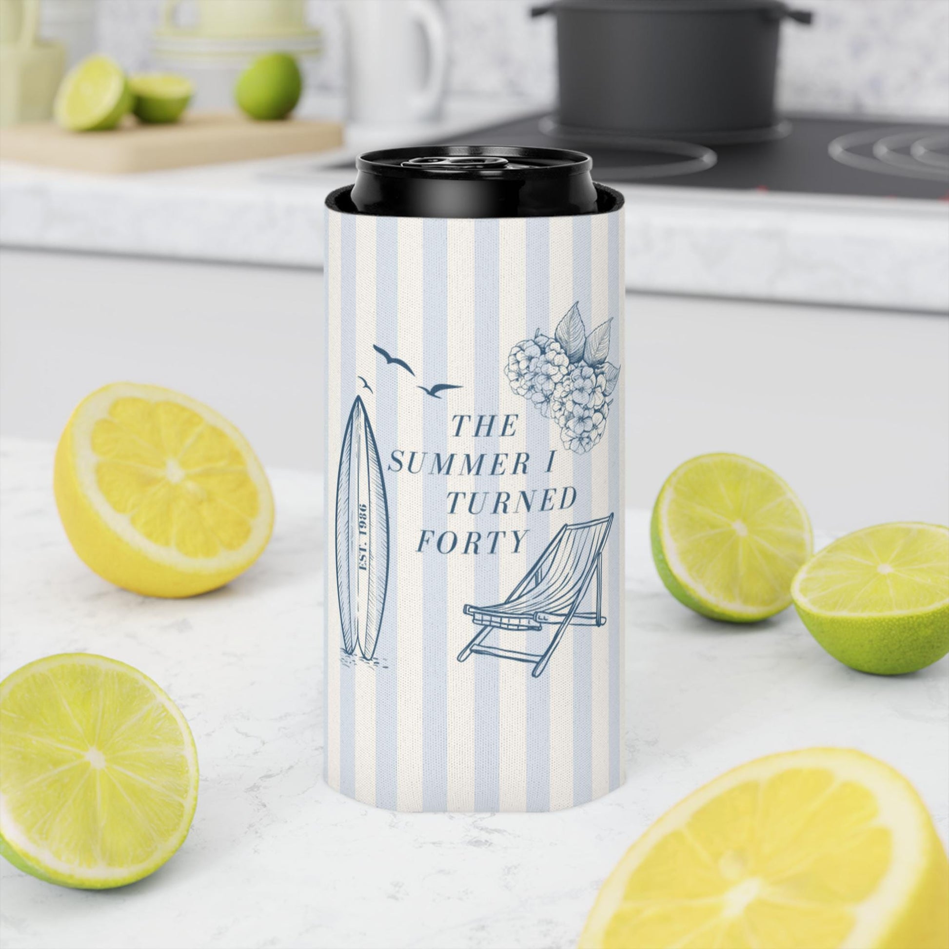 The Summer I Turned Thirty Birthday Can Cooler, 30th, 40th, 50th summer I turned any age Birthday party favors, Beach Birthday drink sleeve