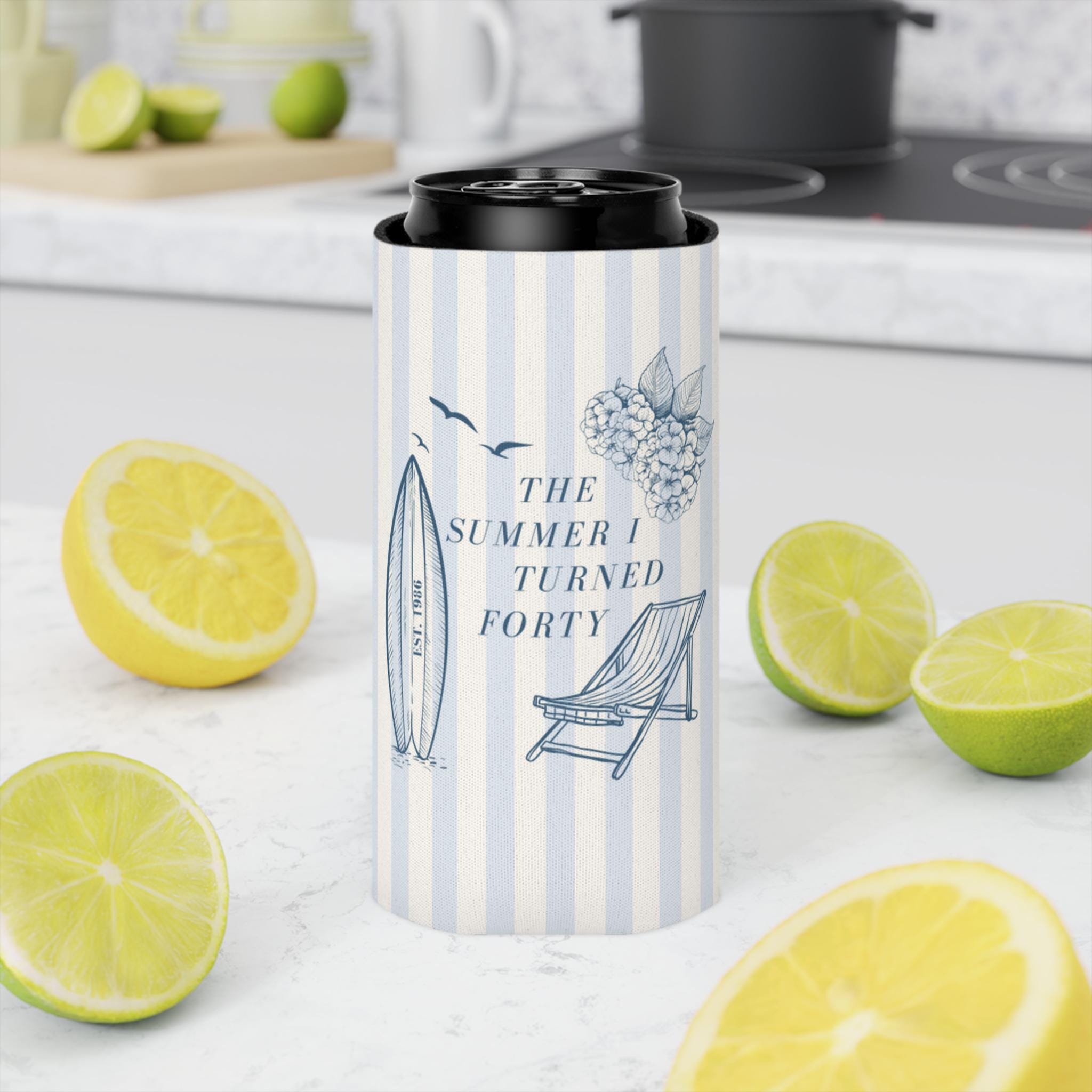 The Summer I Turned Thirty Birthday Can Cooler, 30th, 40th, 50th summer I turned any age Birthday party favors, Beach Birthday drink sleeve