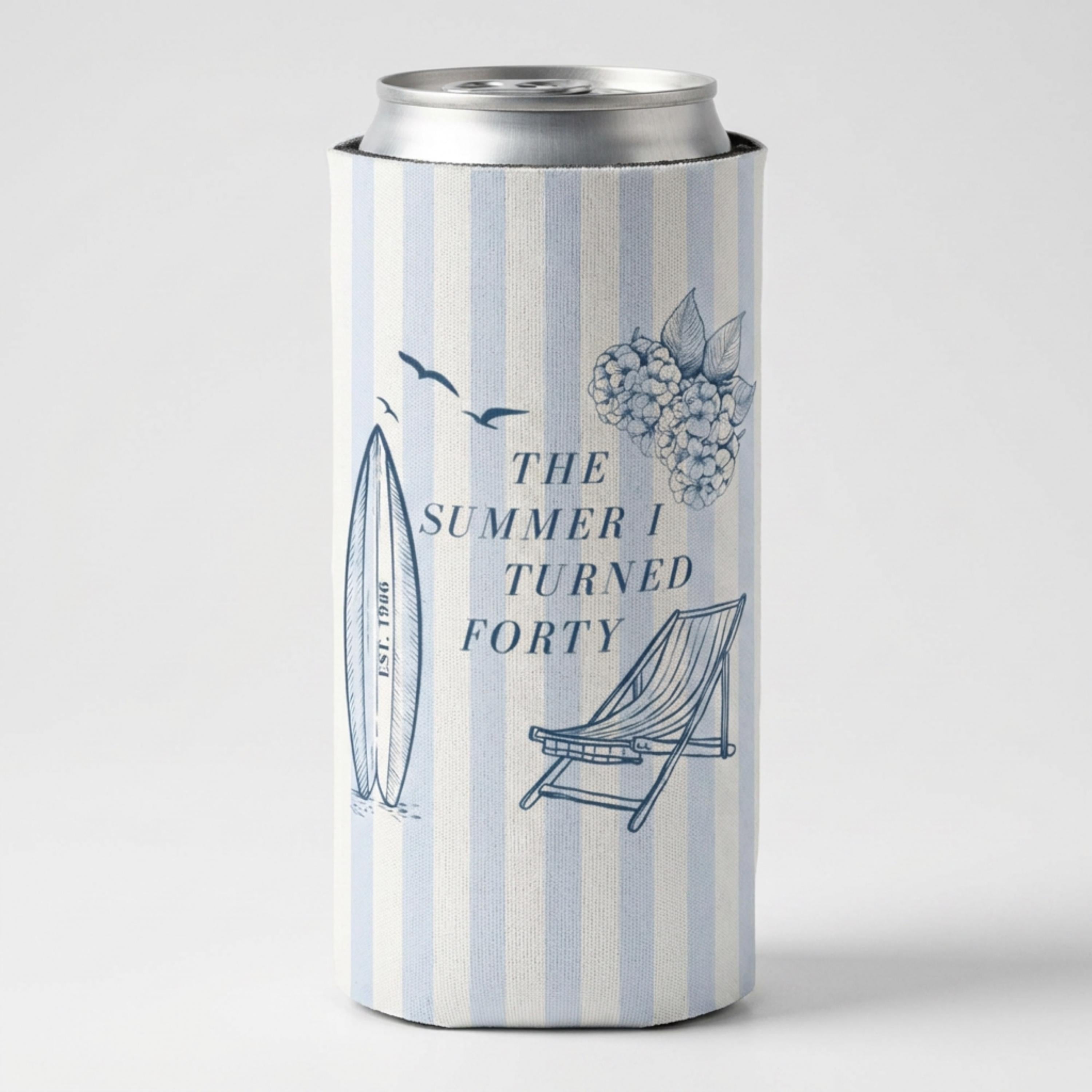 The Summer I Turned Thirty Birthday Can Cooler, 30th, 40th, 50th summer I turned any age Birthday party favors, Beach Birthday drink sleeve
