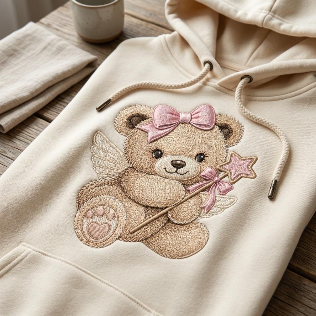Fairy Teddy Bear Embroidery Design, Pink Bow Angel Bear Machine Embroidery File, Baby Girl PES DST EXP, 5 sizes, Digital Download