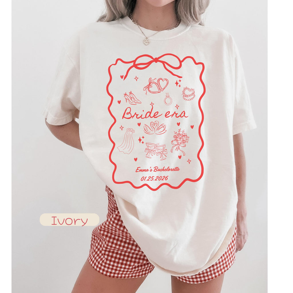 Custom Bride Era T-shirt,Personalized Bachelorette Party Tee,Coquette Bow Bridal Shower Gift, and Drawn Wedding Doodles Shirt,Future Mrs Top