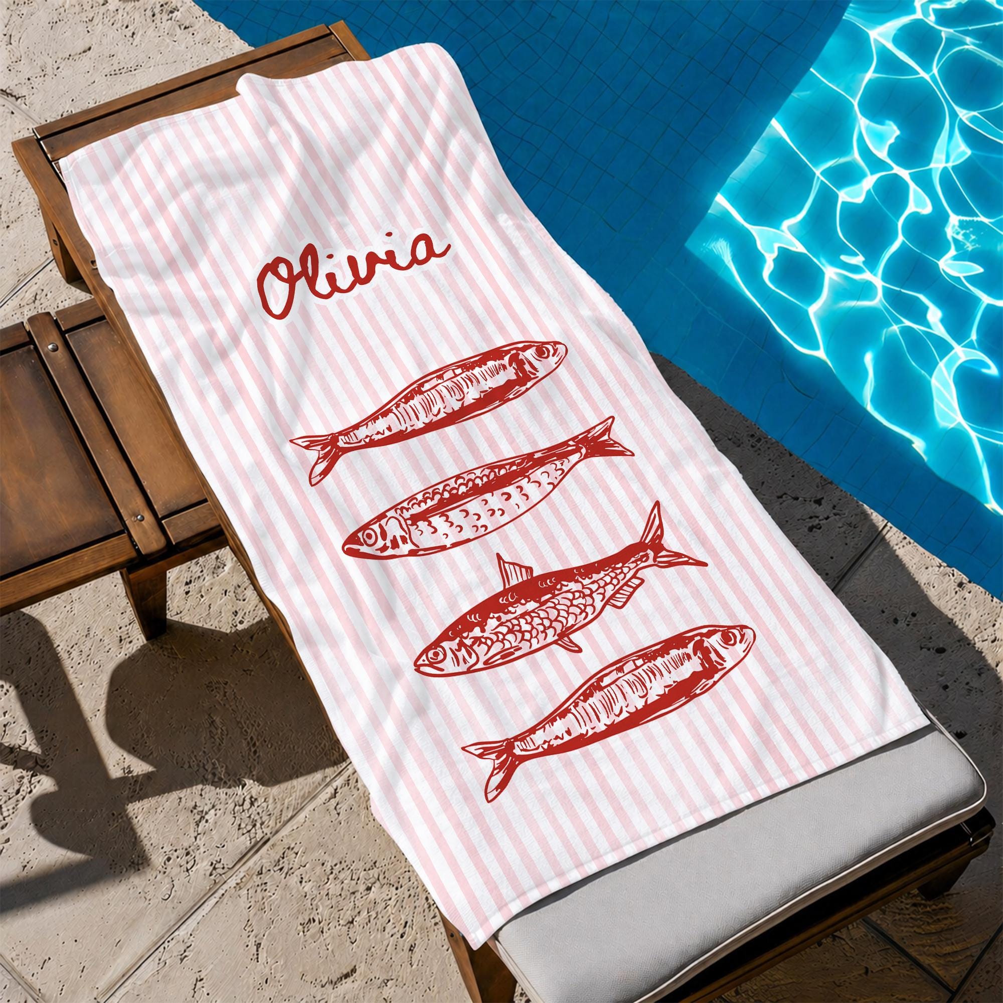 Personalized Beach Towel, Monogram Nautical Lobster Crab Fish Towel, Travel Summer Towels Gifts for Women, Custom Name Striped Pool Towel