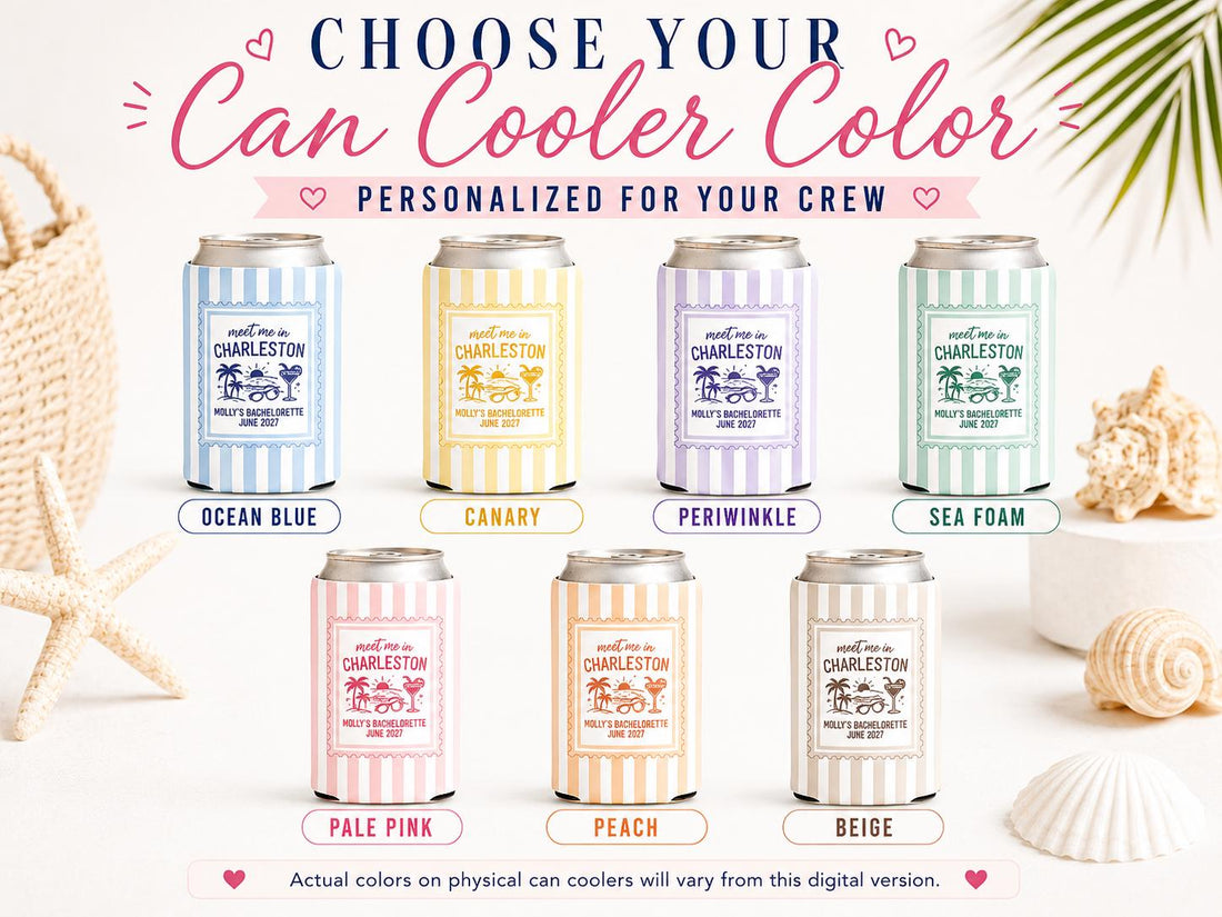 Personalized Meet Me in Charleston Beach Bachelorette Can Coolers, Coastal Birthday Party Favors – Custom Drink Holder - STAMP
