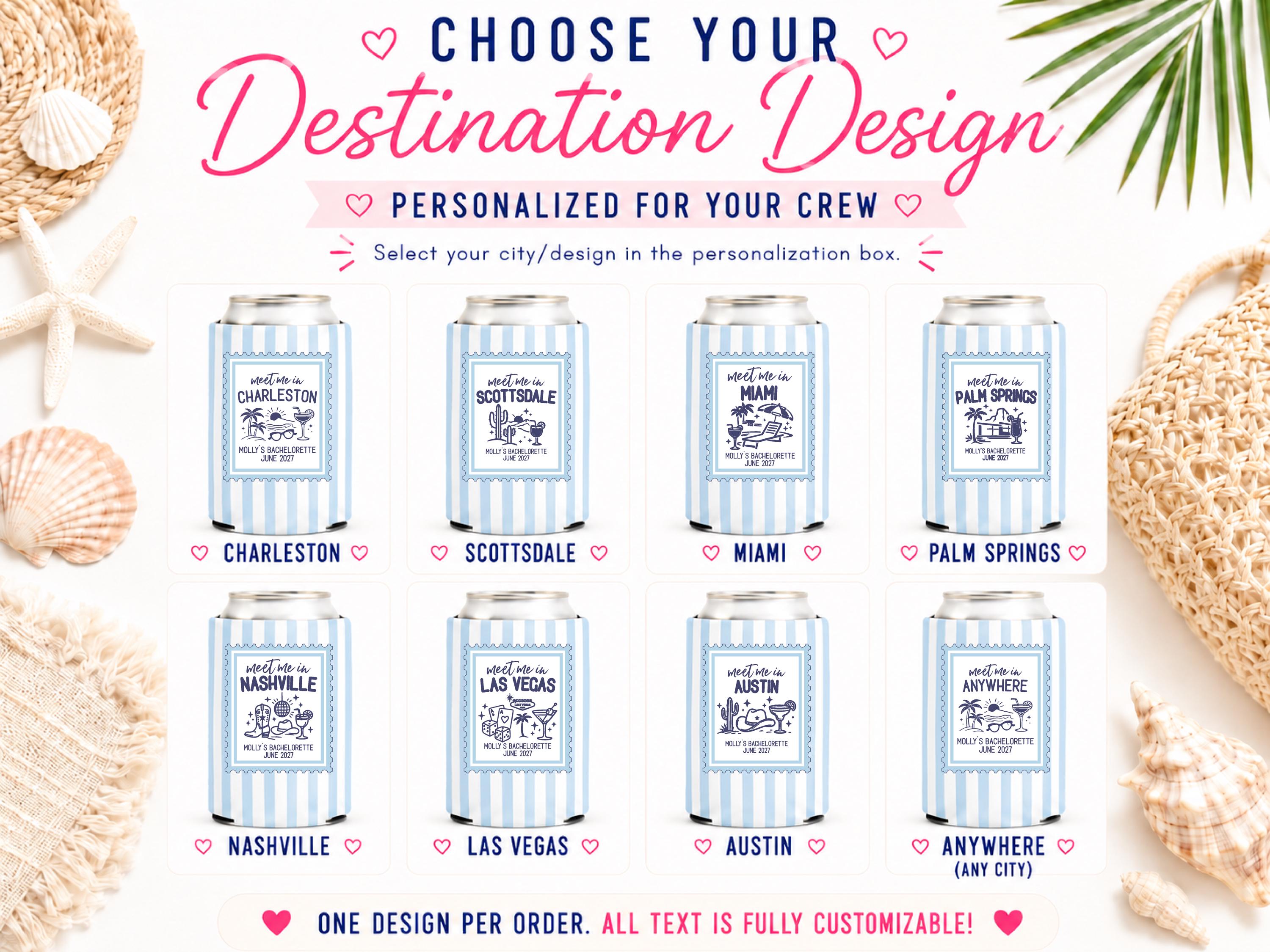 Personalized Meet Me in Charleston Beach Bachelorette Can Coolers, Coastal Birthday Party Favors – Custom Drink Holder - STAMP