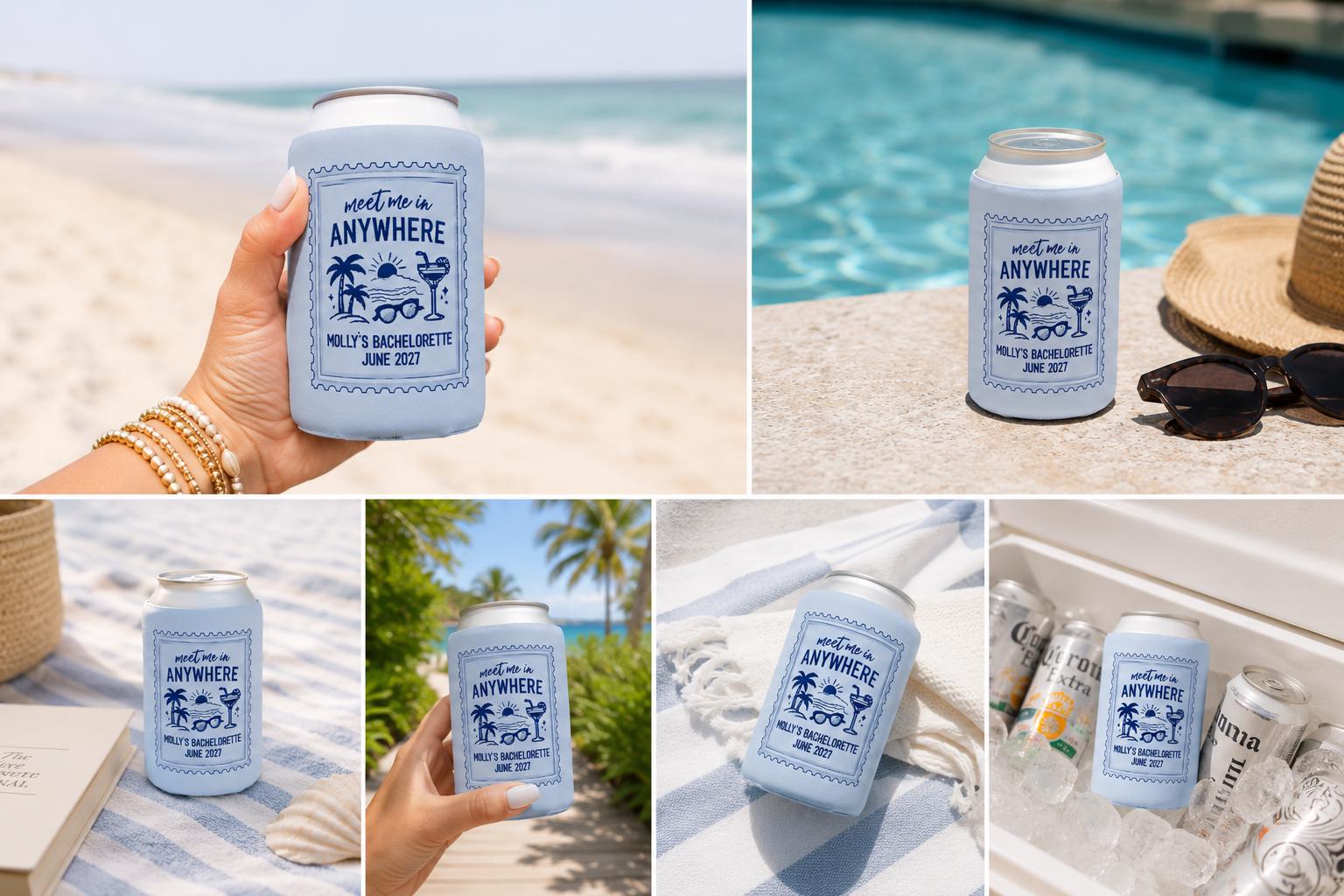 Personalized Meet Me in Charleston Beach Bachelorette Can Coolers, Coastal Birthday Party Favors – Custom Drink Holder - STAMP