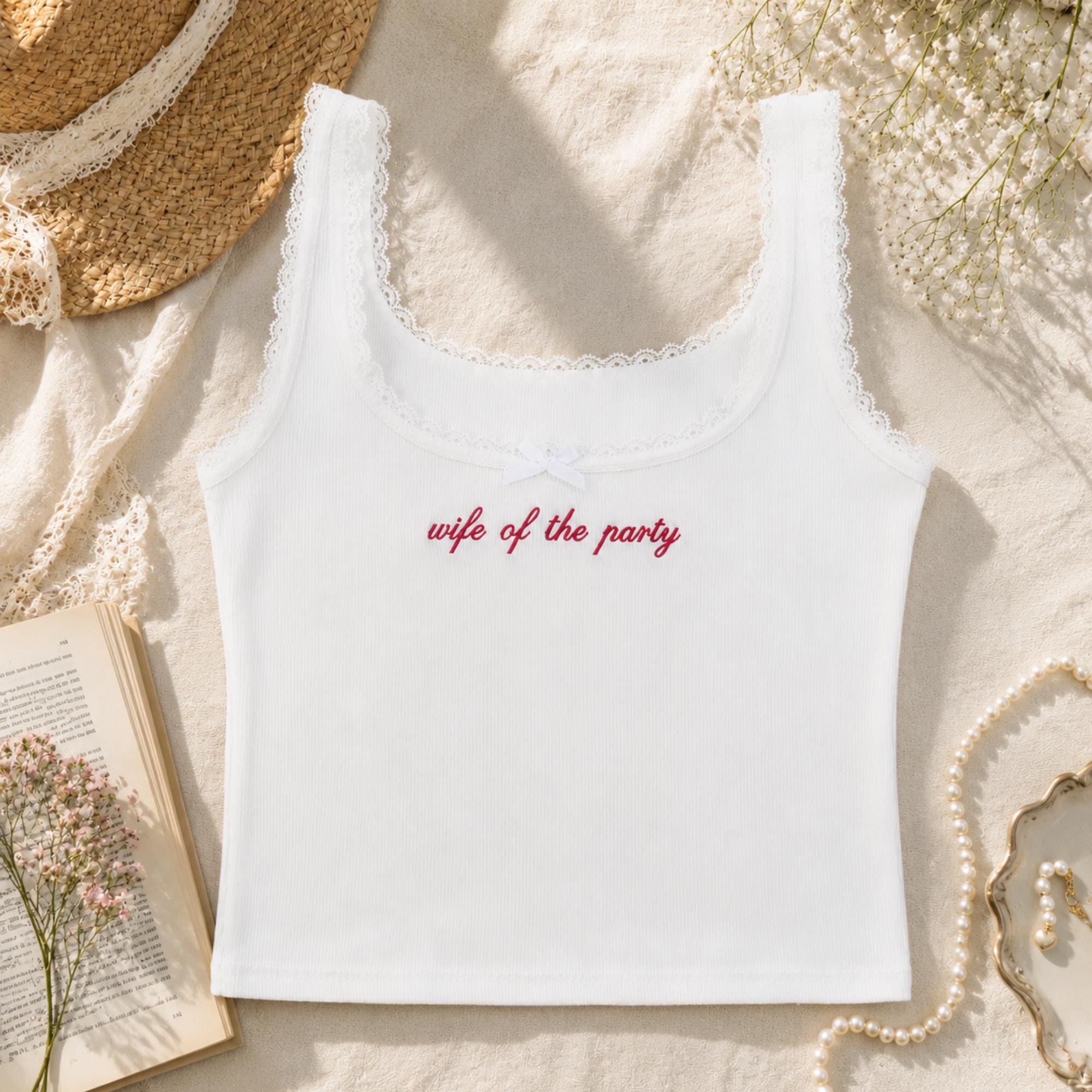 Custom Embroidered Lace Tank Top, Wife of the Party Shirt, Modal Tank Bridal Shower Gift, Engagement Gift, Bachelorette Party Top