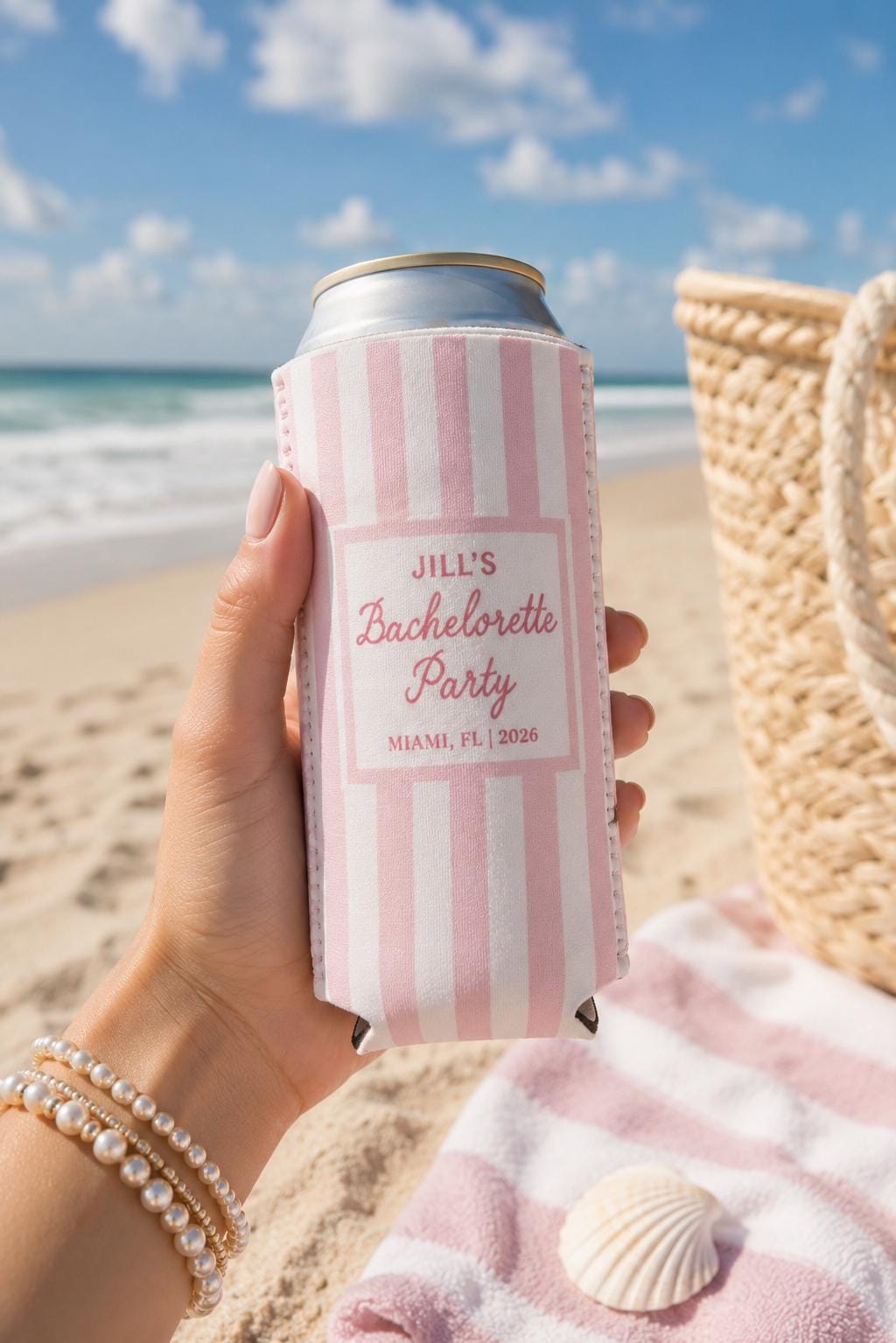 Beach Bachelorette Can Coolers, Personalized Coastal Themed Can Coolers, Coastal Birthday Party Favors – Custom Drink Holder - NOBOWS