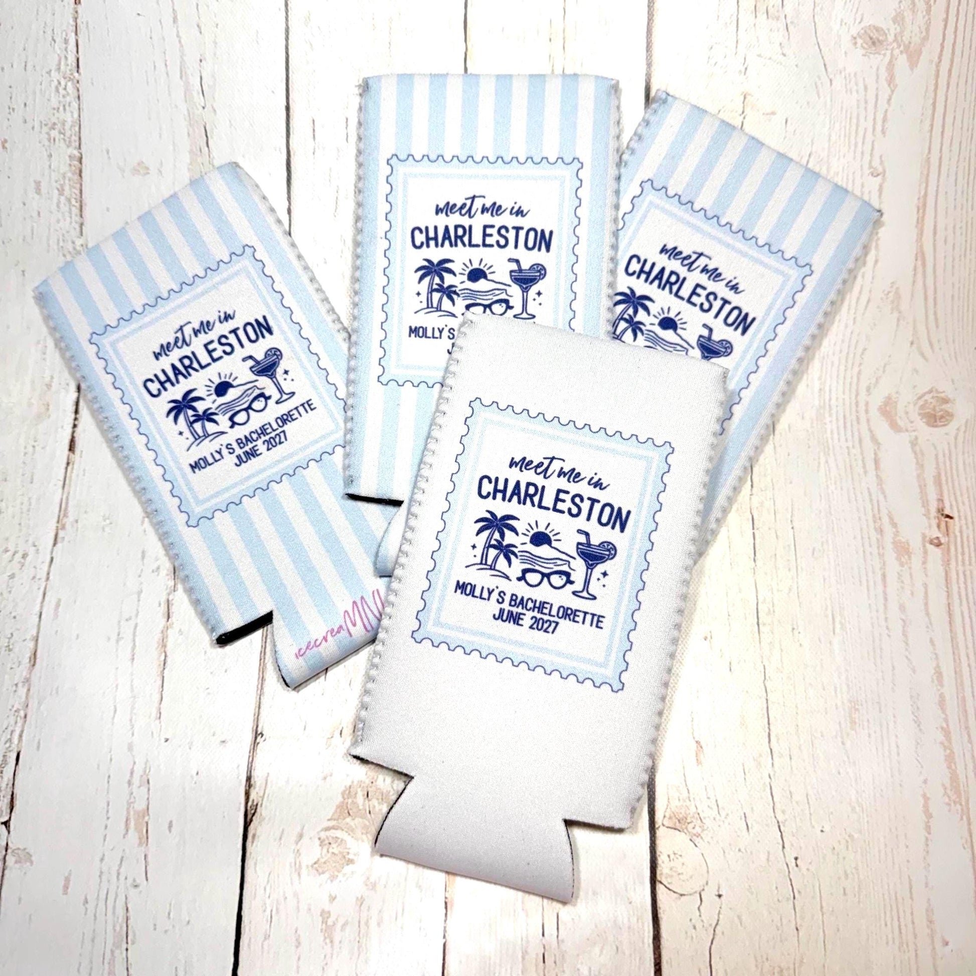Personalized Meet Me in Charleston Beach Bachelorette Can Coolers, Coastal Birthday Party Favors – Custom Drink Holder - STAMP