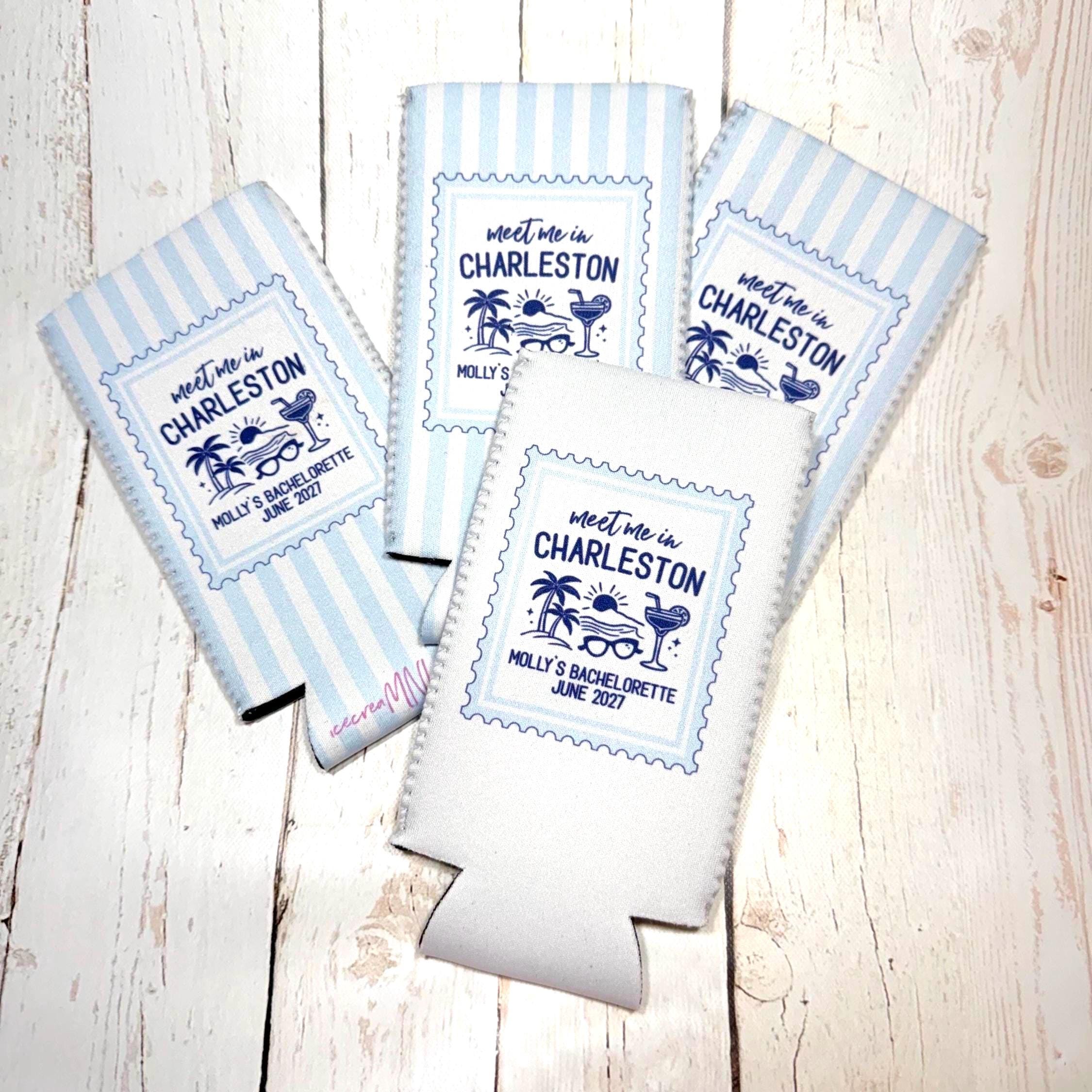 Personalized Meet Me in Charleston Beach Bachelorette Can Coolers, Coastal Birthday Party Favors – Custom Drink Holder - STAMP