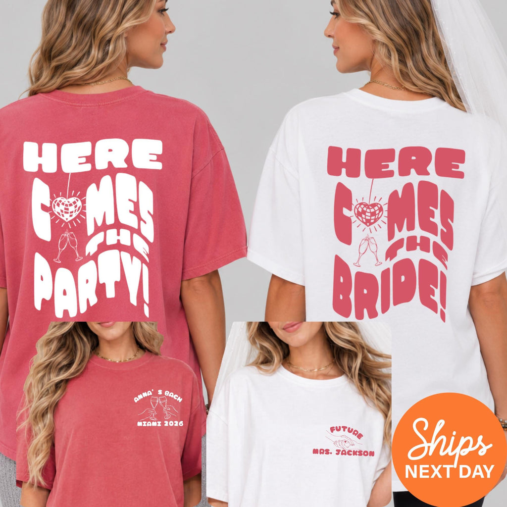 Custom Here Comes The Bride Bachelorette Shirts, Retro Miami Disco Ball Graphic Tee, Bride Squad