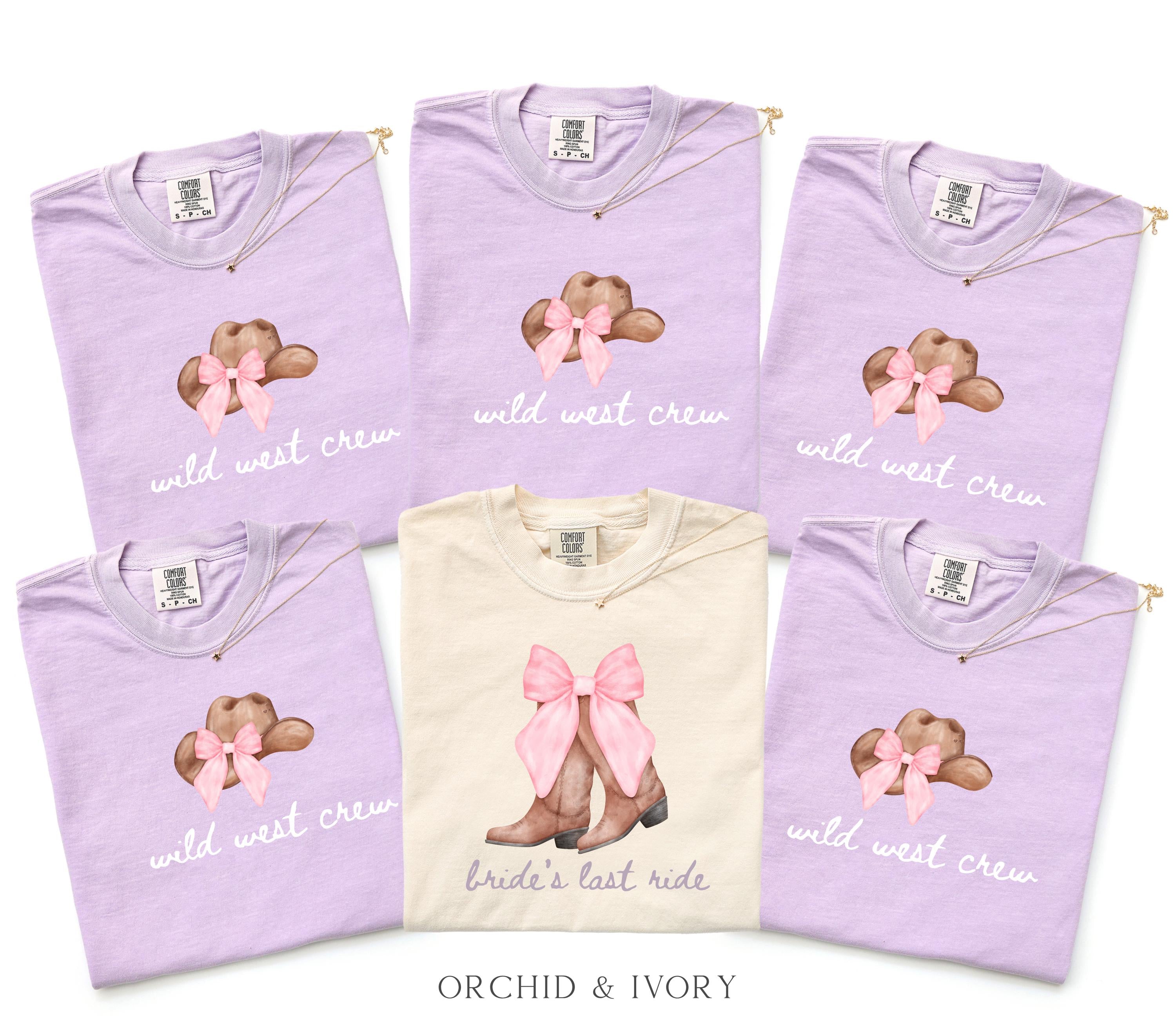 Bachelorette Shirt Bride’s Last Ride, Wild West Crew Tee, Comfort Colors® Western Cowgirl Boots Pink Bow Nashville Bachelorette Party tShirt