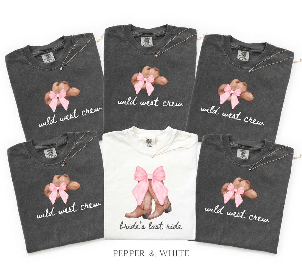 Bachelorette Shirt Bride’s Last Ride, Wild West Crew Tee, Comfort Colors® Western Cowgirl Boots Pink Bow Nashville Bachelorette Party tShirt