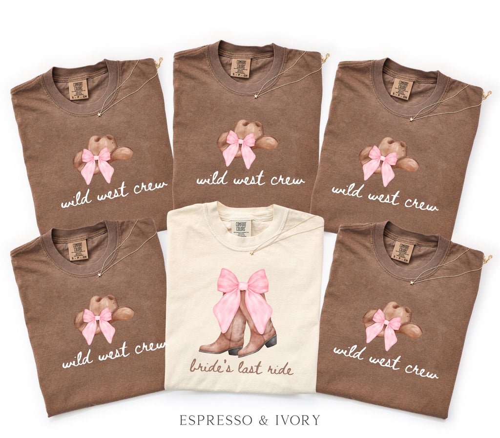 Bachelorette Shirt Bride’s Last Ride, Wild West Crew Tee, Comfort Colors® Western Cowgirl Boots Pink Bow Nashville Bachelorette Party tShirt