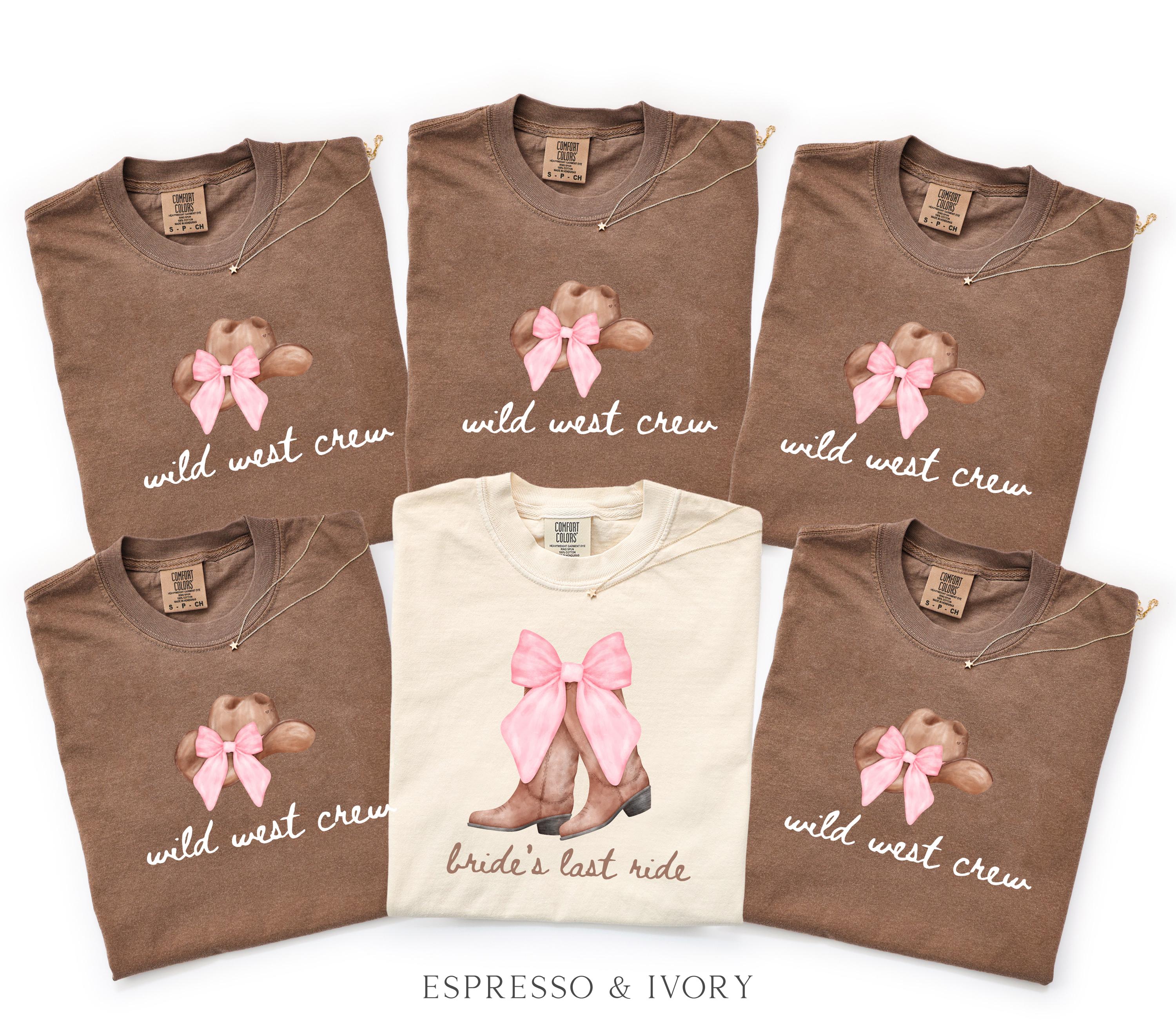 Bachelorette Shirt Bride’s Last Ride, Wild West Crew Tee, Comfort Colors® Western Cowgirl Boots Pink Bow Nashville Bachelorette Party tShirt