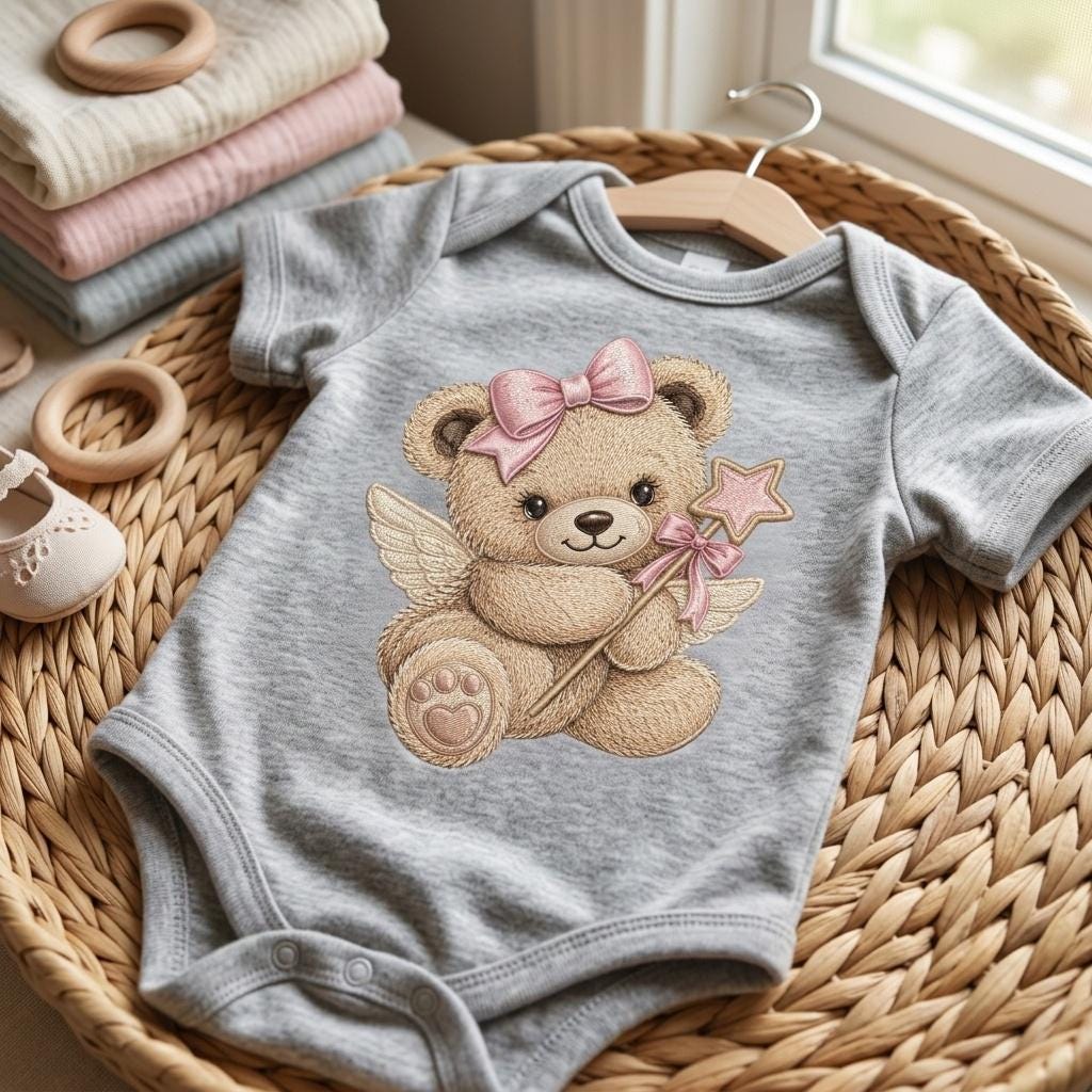 Fairy Teddy Bear Embroidery Design, Pink Bow Angel Bear Machine Embroidery File, Baby Girl PES DST EXP, 5 sizes, Digital Download