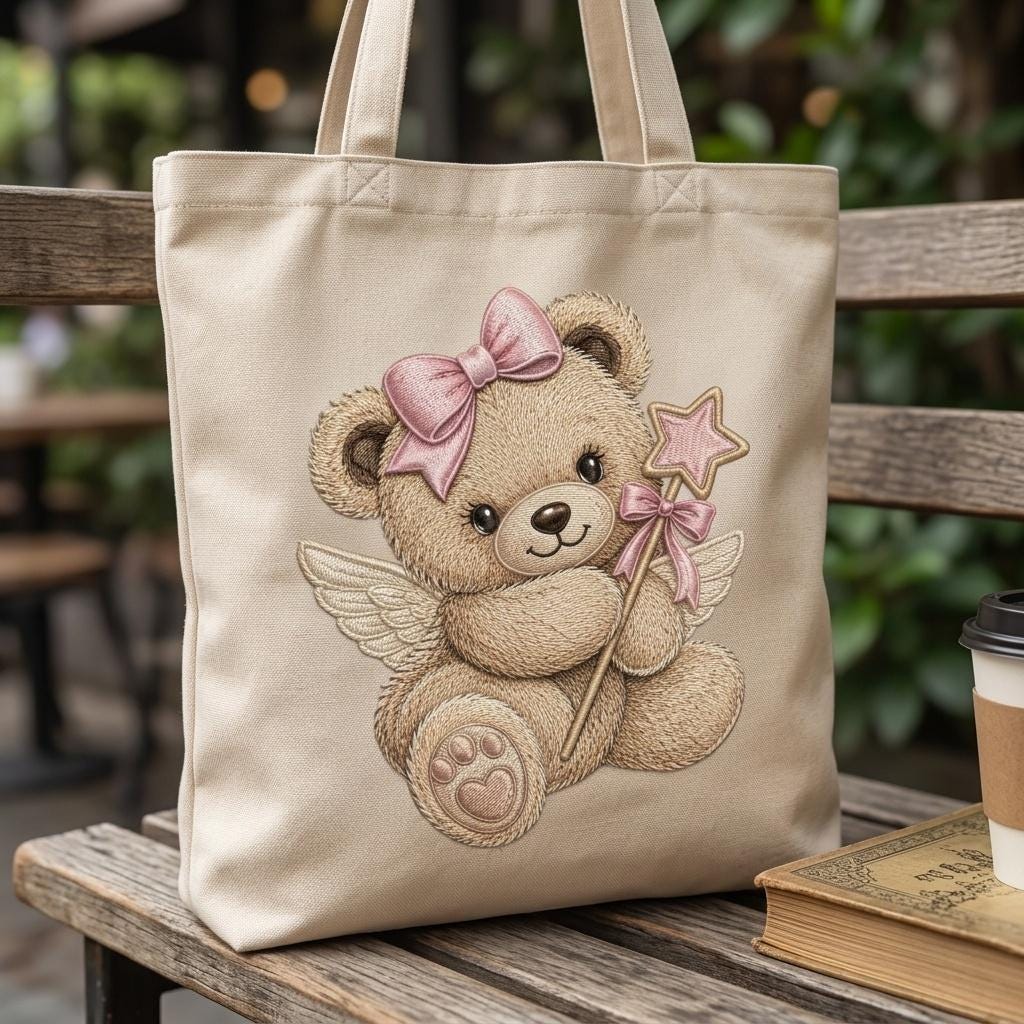 Fairy Teddy Bear Embroidery Design, Pink Bow Angel Bear Machine Embroidery File, Baby Girl PES DST EXP, 5 sizes, Digital Download