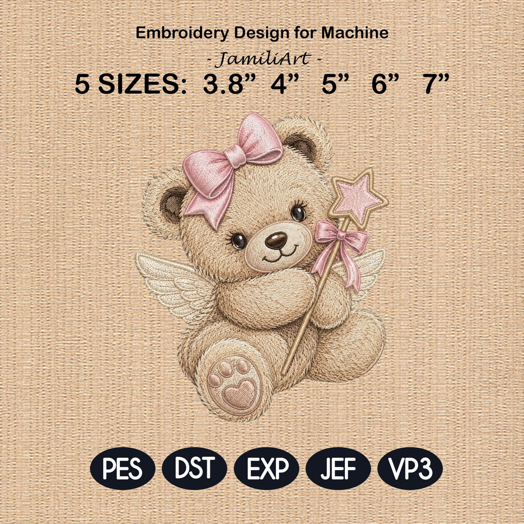 Fairy Teddy Bear Embroidery Design, Pink Bow Angel Bear Machine Embroidery File, Baby Girl PES DST EXP, 5 sizes, Digital Download