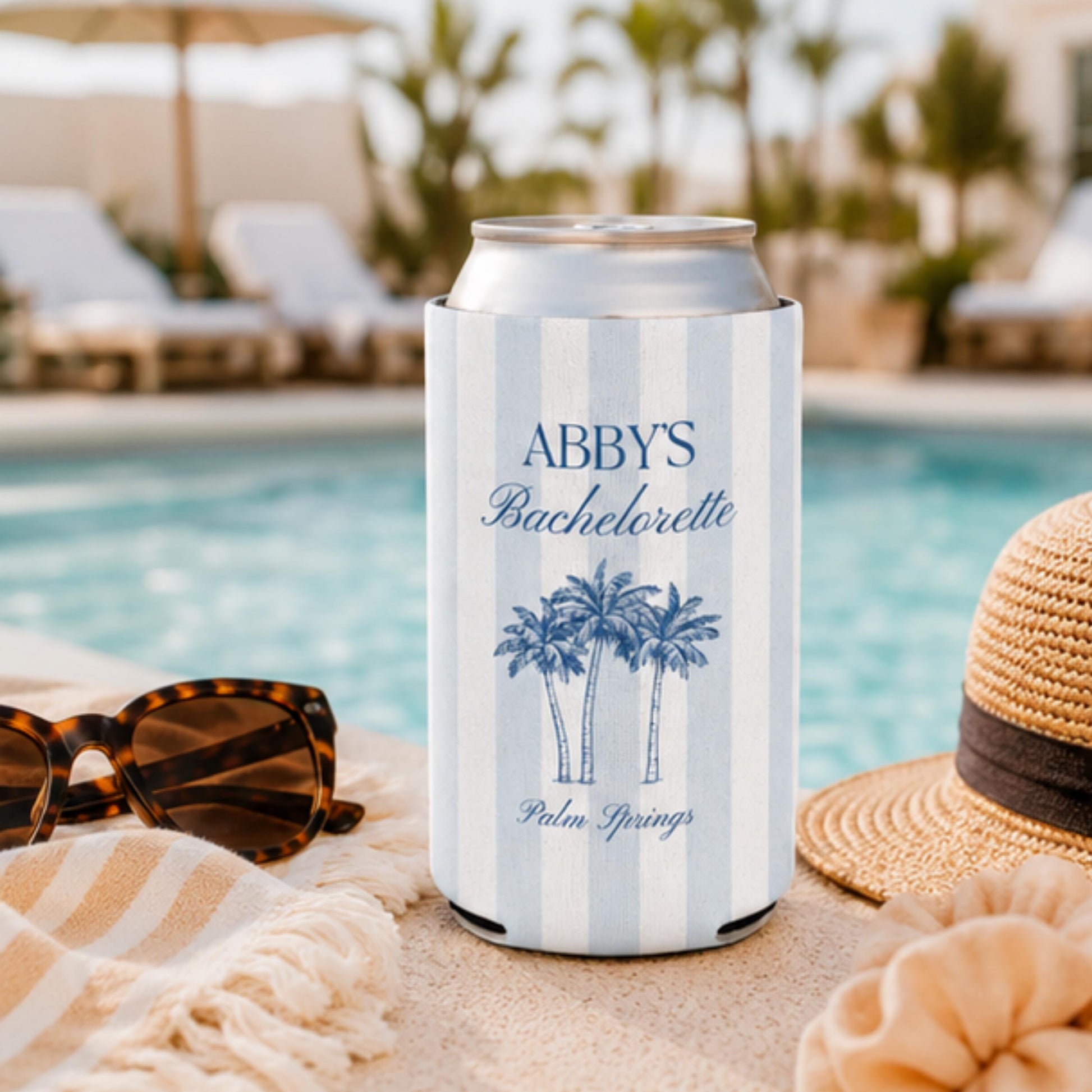 Personalized Beach Bachelorette Can Cooler, Custom Girls Trip Drink Holder, Coastal Weekend Party Favor, Slim Can Holder, Destination Bach