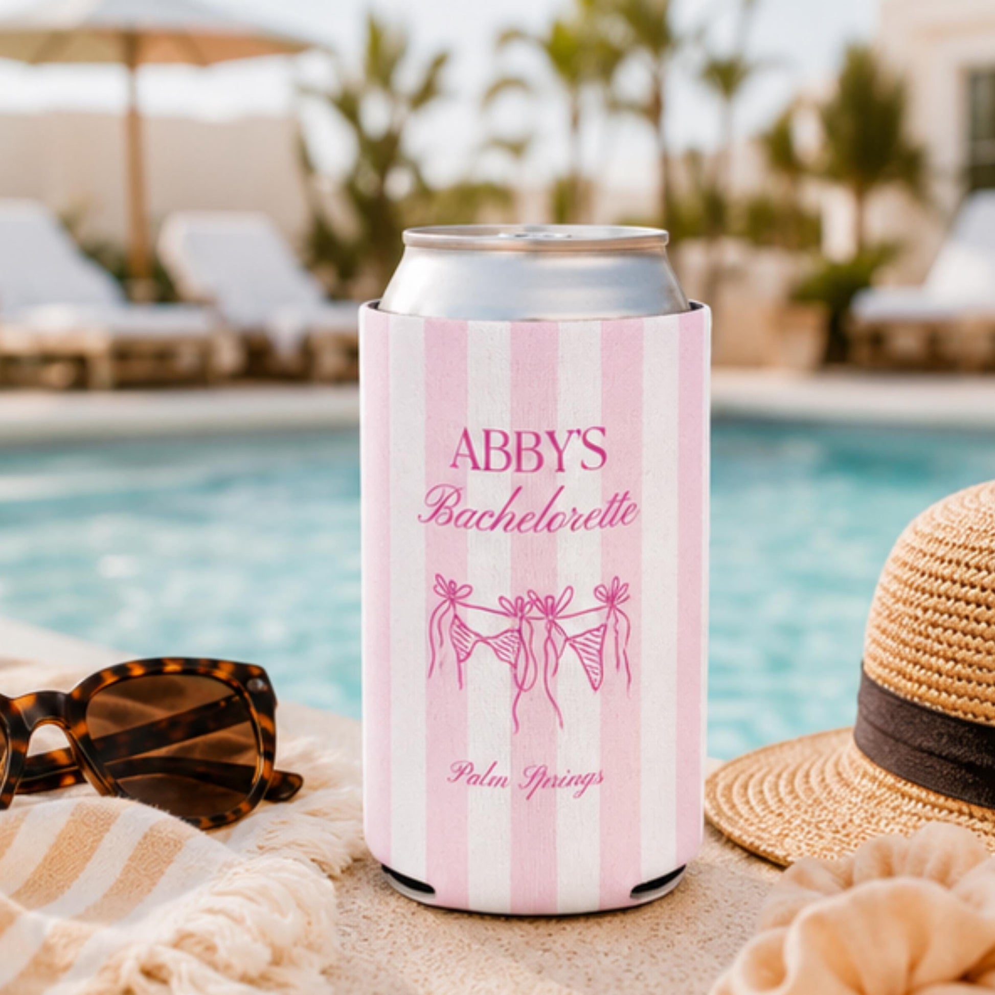 Personalized Beach Bachelorette Can Cooler, Custom Girls Trip Drink Holder, Coastal Weekend Party Favor, Slim Can Holder, Destination Bach