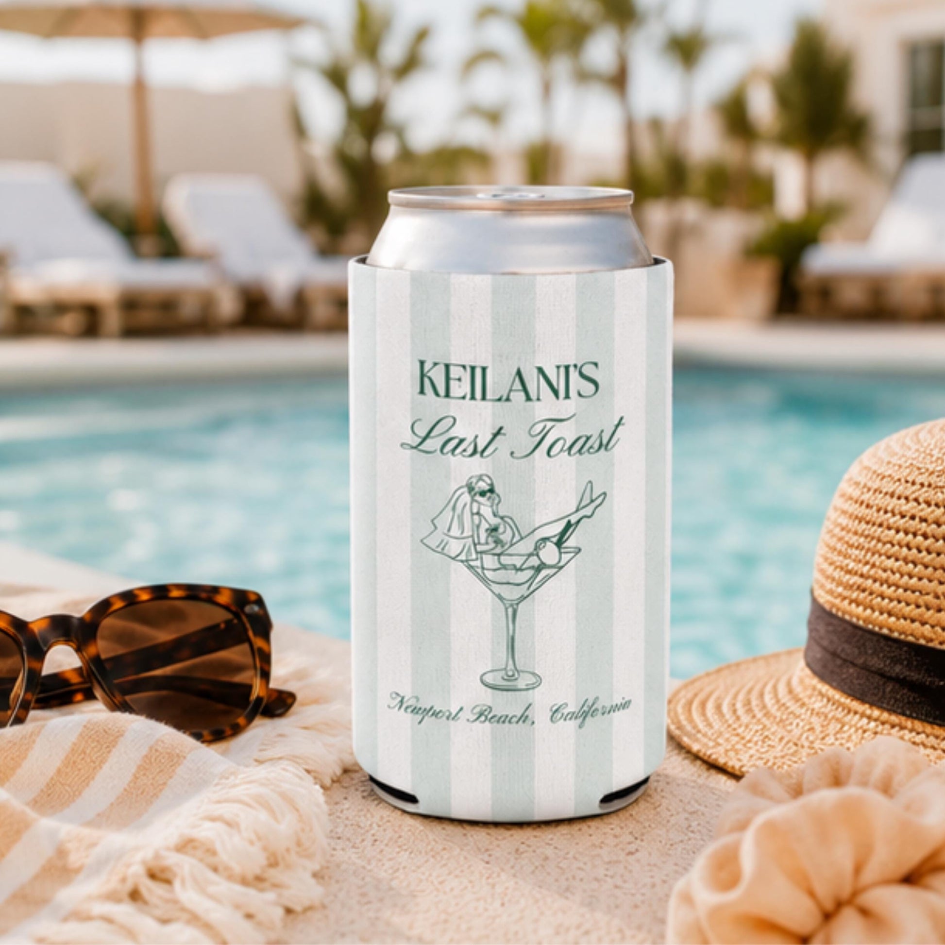 Personalized Beach Bachelorette Can Cooler, Custom Girls Trip Drink Holder, Coastal Weekend Party Favor, Slim Can Holder, Destination Bach