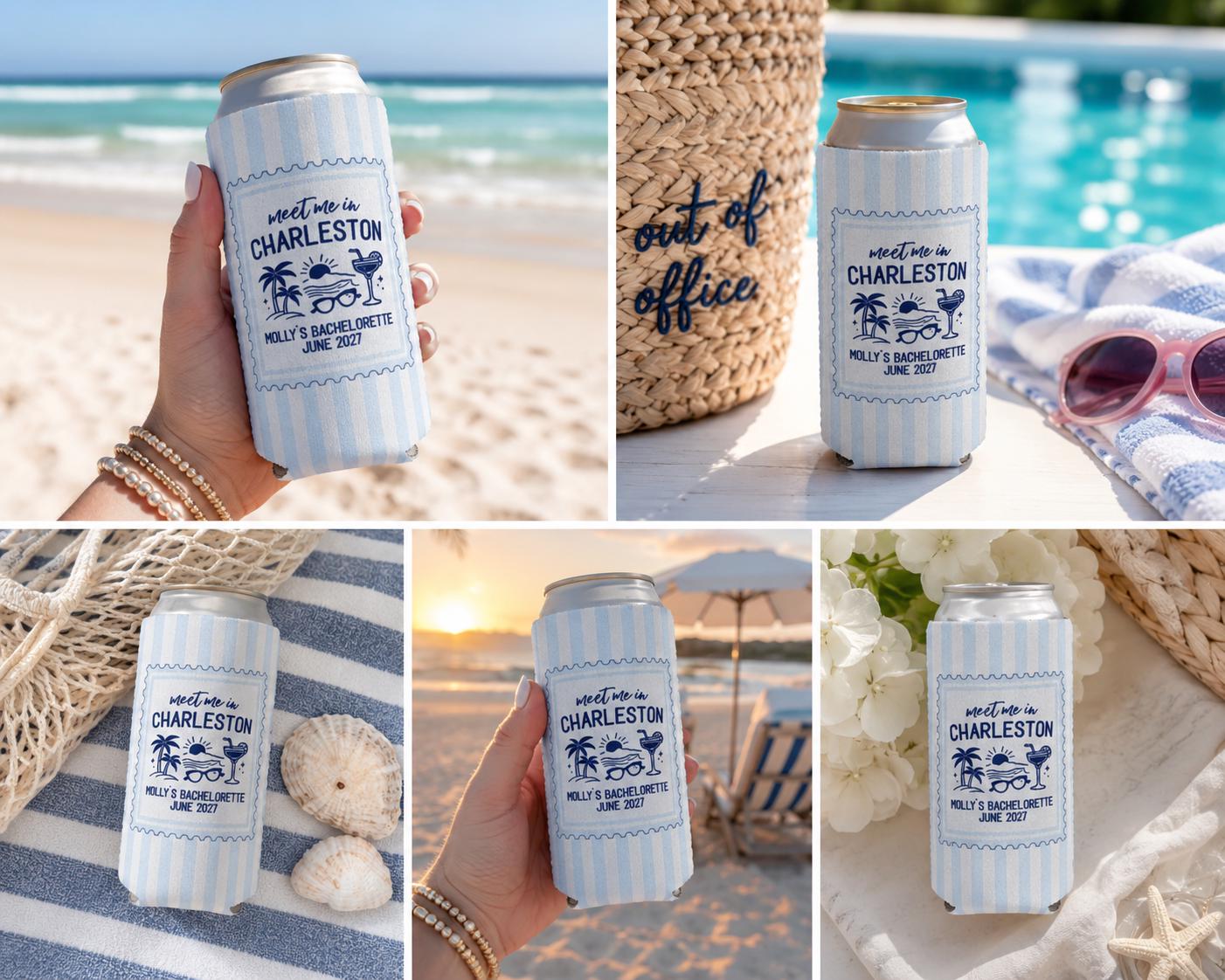 Personalized Meet Me in Charleston Beach Bachelorette Can Coolers, Coastal Birthday Party Favors – Custom Drink Holder - STAMP