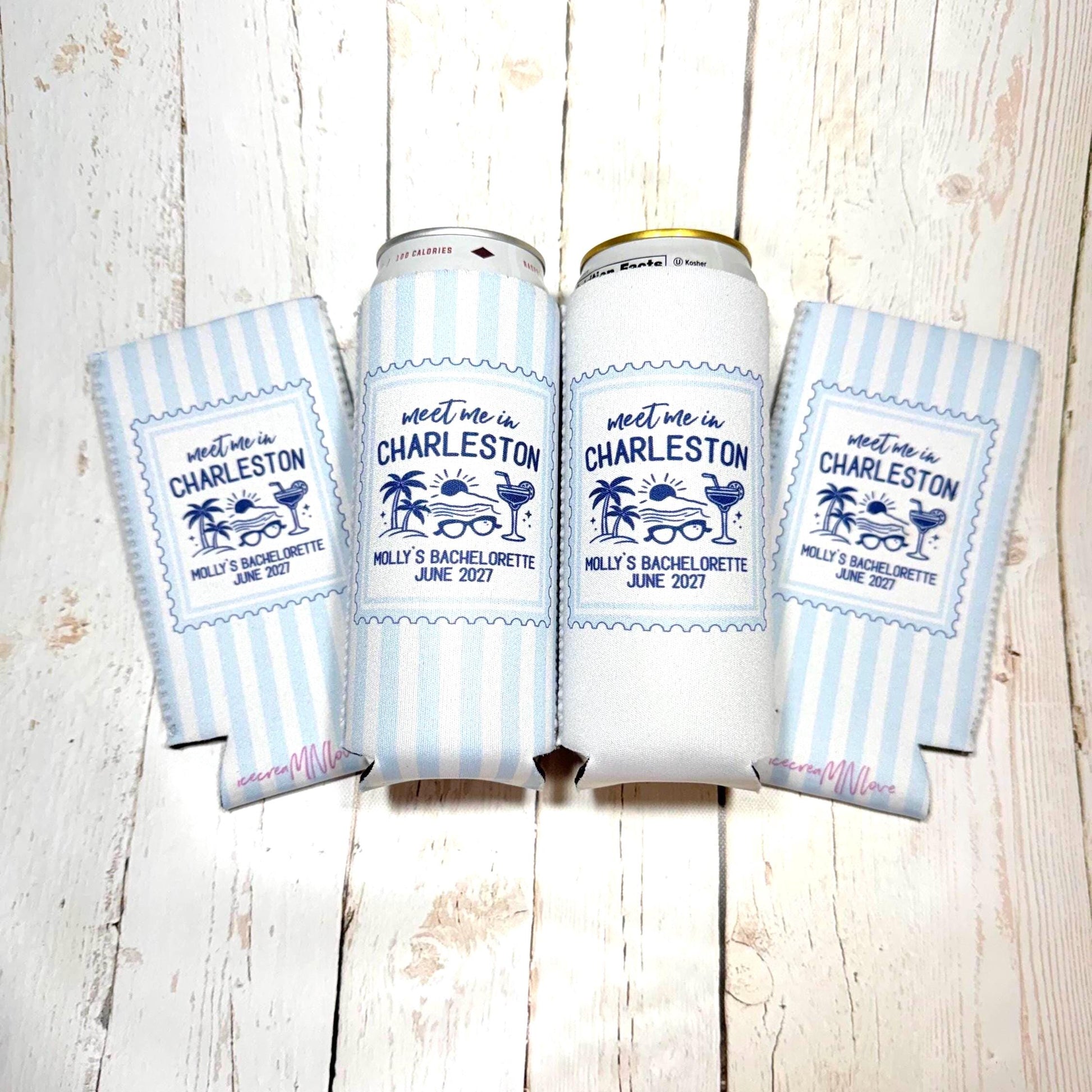 Personalized Meet Me in Charleston Beach Bachelorette Can Coolers, Coastal Birthday Party Favors – Custom Drink Holder - STAMP