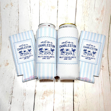 Personalized Meet Me in Charleston Beach Bachelorette Can Coolers, Coastal Birthday Party Favors – Custom Drink Holder - STAMP