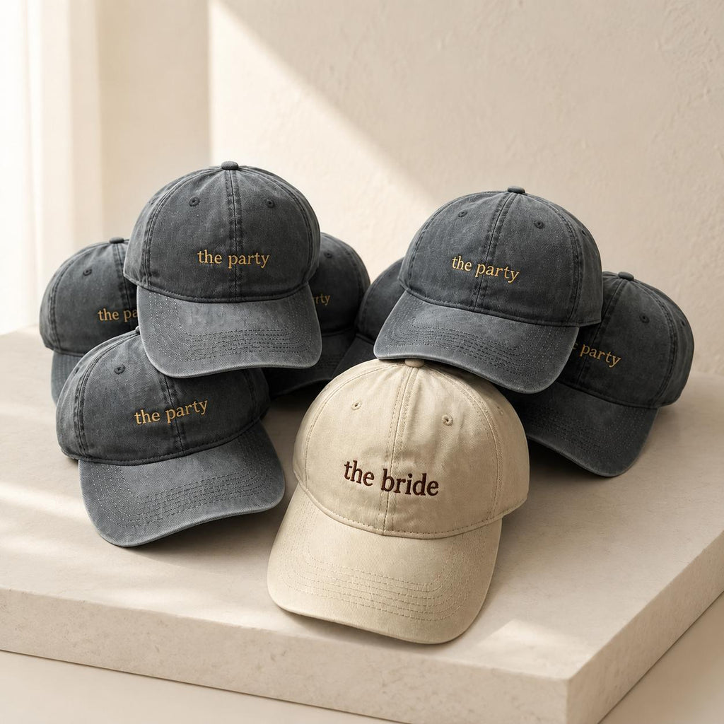 Personalized Bride Hat, Embroidered Bachelorette Party Cap, The Bride The Party Hat, Bridal Shower Gift, Bridesmaid Dad Cap