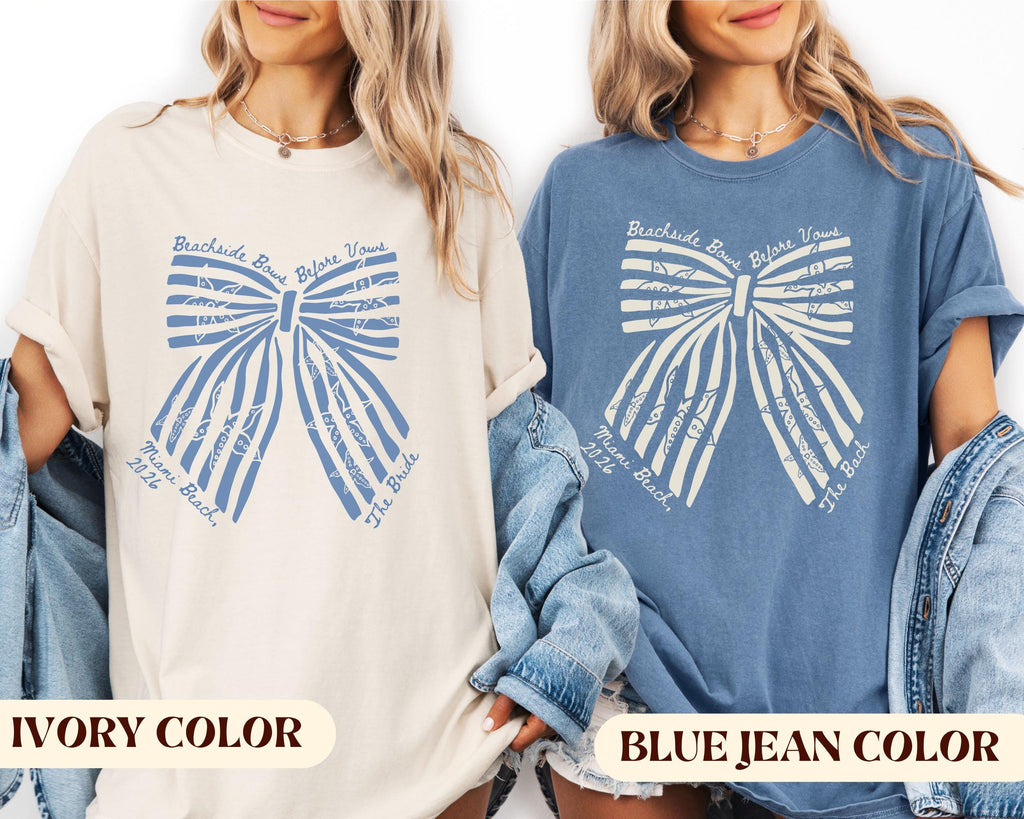 Custom Coquette Beachside Bows Before Vows Shirt, Custom Bachelorette Beach Tee, Personalized Bride Trip Shirt, Comfort Colors Coastal Bach.