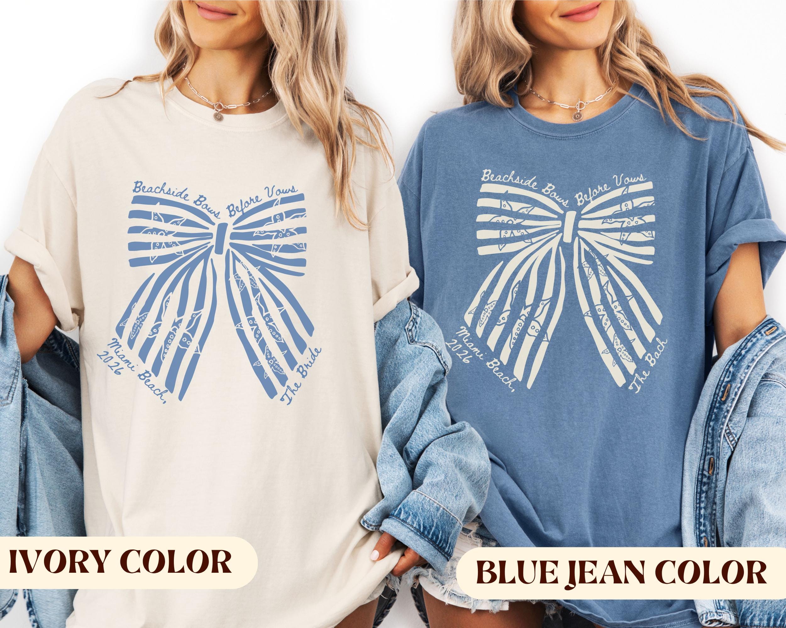 Custom Coquette Beachside Bows Before Vows Shirt, Custom Bachelorette Beach Tee, Personalized Bride Trip Shirt, Comfort Colors Coastal Bach.