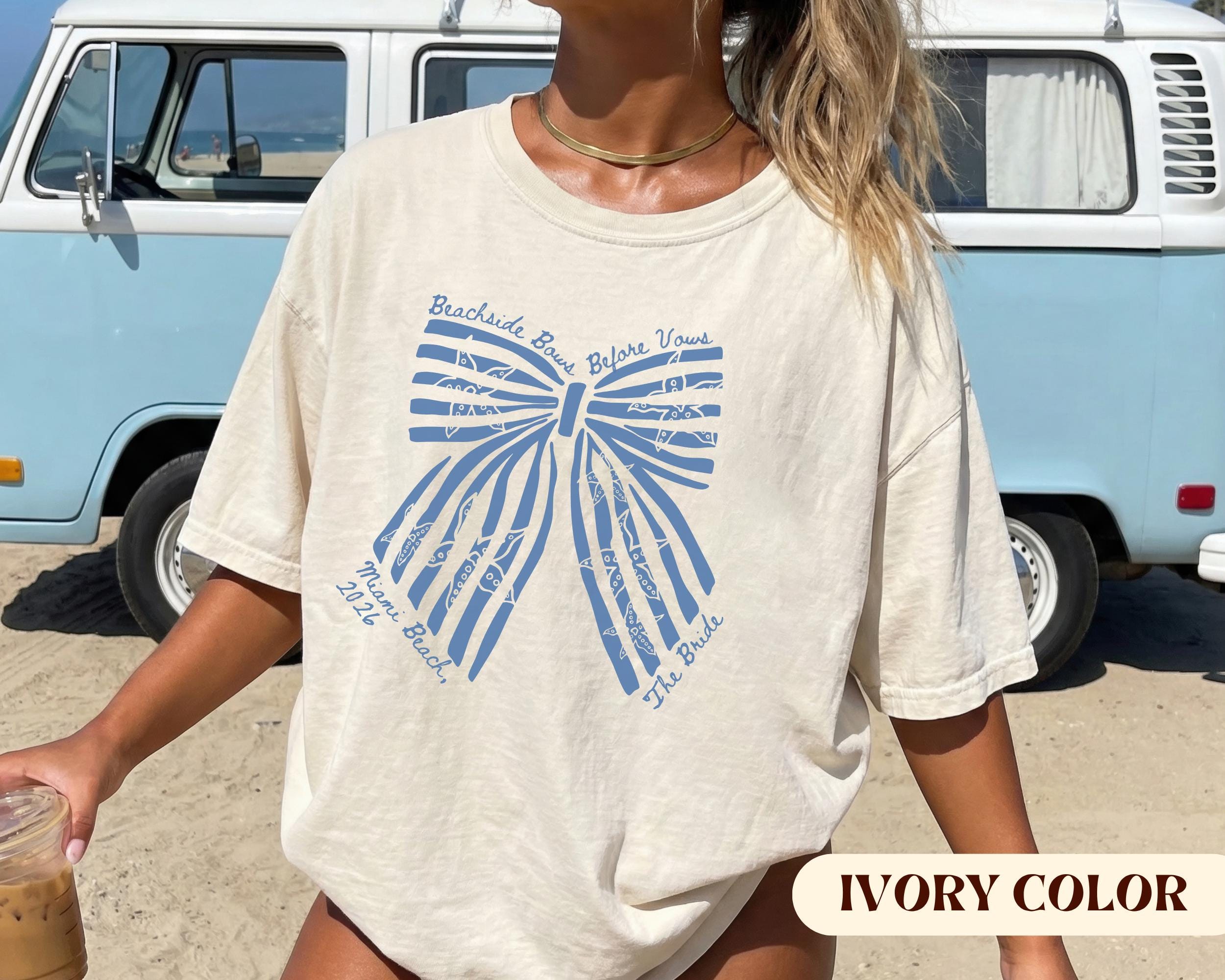 Custom Coquette Beachside Bows Before Vows Shirt, Custom Bachelorette Beach Tee, Personalized Bride Trip Shirt, Comfort Colors Coastal Bach.
