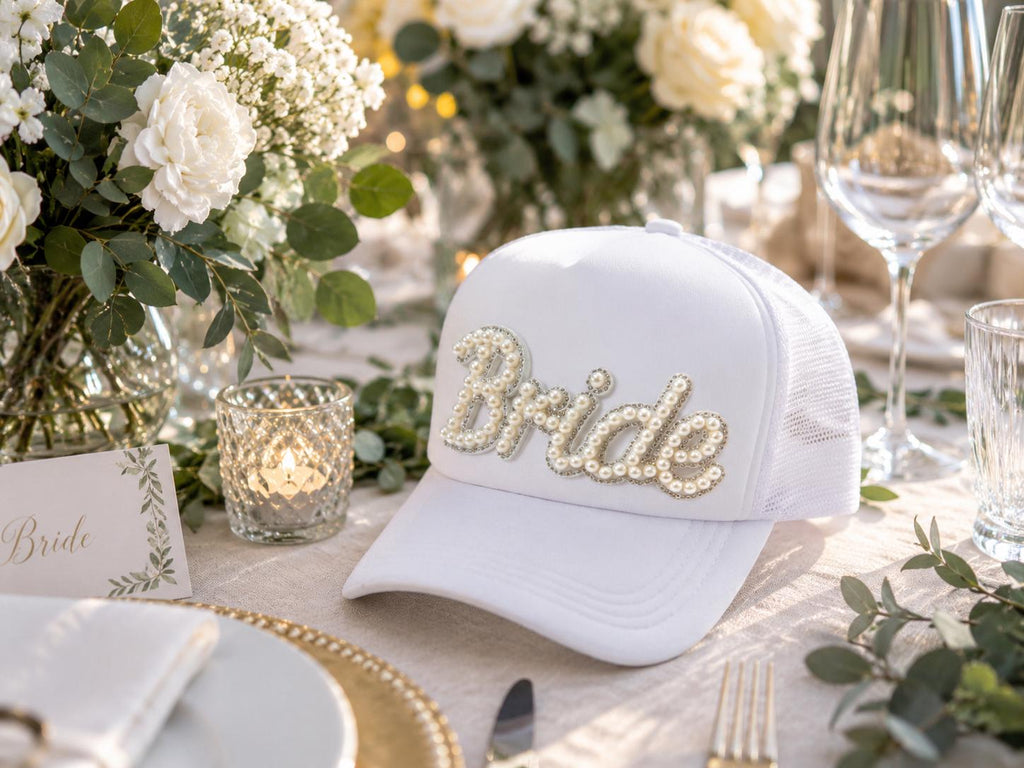 Pearl Bride Trucker Hat, Bride Baseball Cap, Bridal Shower Gift, Bride To Be Hat, Bachelorette Party Hat, Wedding Weekend Cap