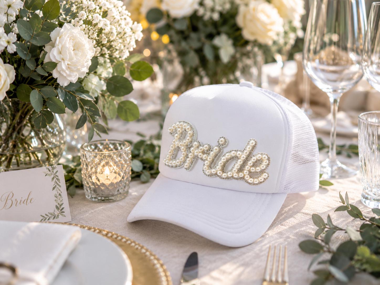 Pearl Bride Trucker Hat, Bride Baseball Cap, Bridal Shower Gift, Bride To Be Hat, Bachelorette Party Hat, Wedding Weekend Cap