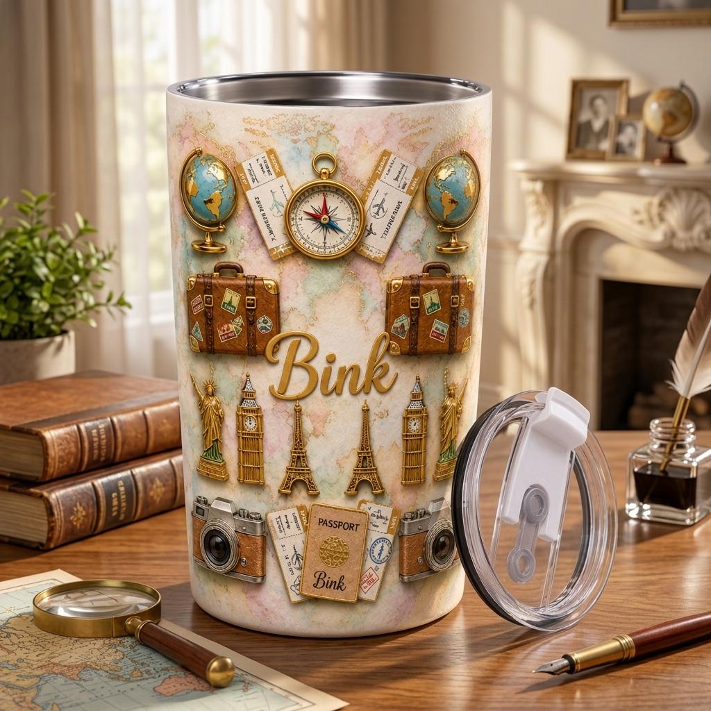 Personalized Travel Tumbler, Custom Adventure Cup, Vacation Lover Gift, Travel Theme Stainless Steel Tumbler