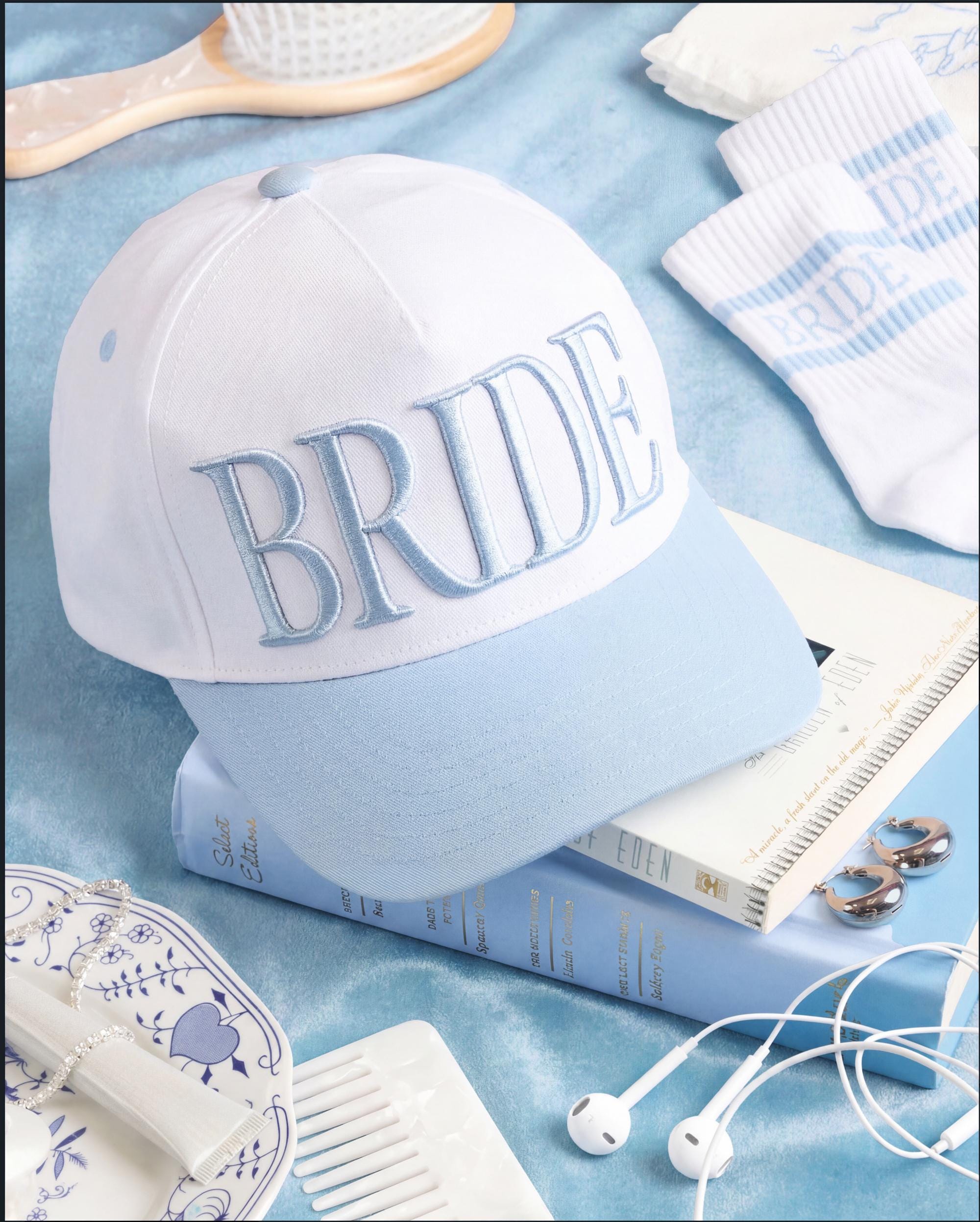 xo, Fetti White + Blue Bride Trucker Hat | Bachelorette Accessory, Bridal Headwear, Bach Party Decorations, Bridesmaid Gift, Wedding Cap