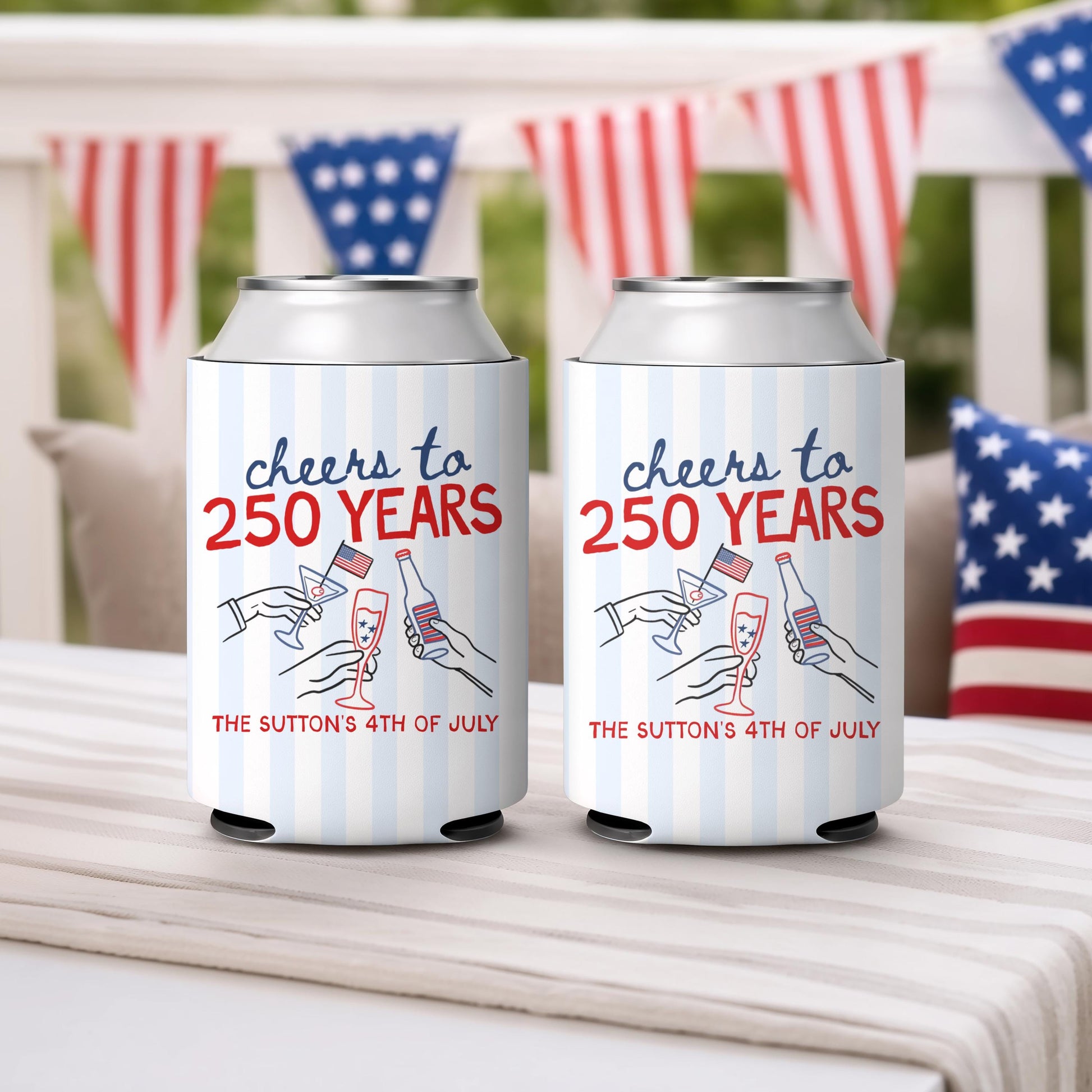 Custom 4th of July Party Can Coolers: USA Theme Family Party Favors Independence Day Can Cozies Personalized Cheers to 250 Years