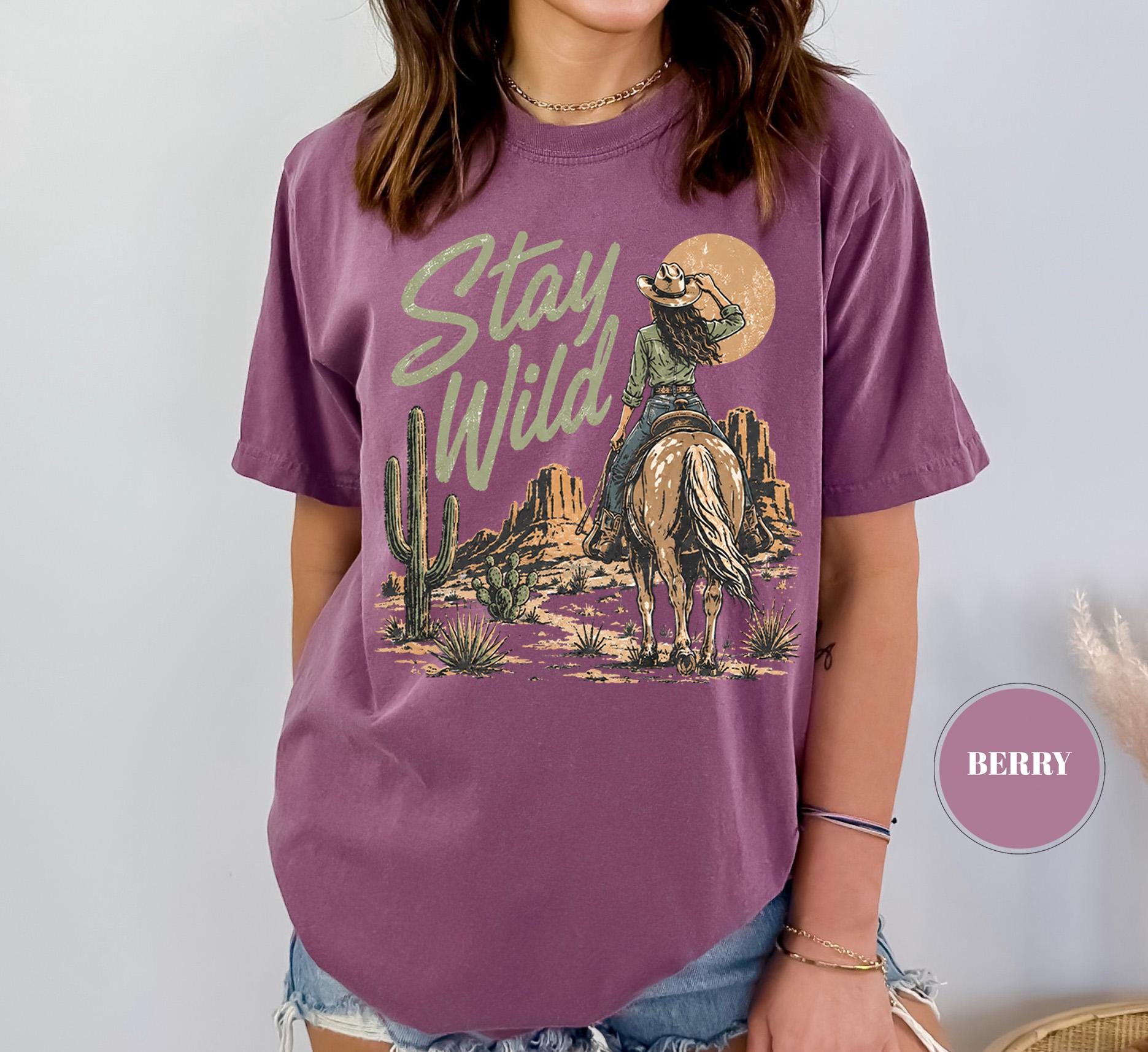 Stay Wild Western Comfort Colors T-Shirt, Cowgirl Desert Graphic Tee, Boho Cactus Country Shirt, Rodeo Aesthetic Gift, Trendy Vintage Cowboy