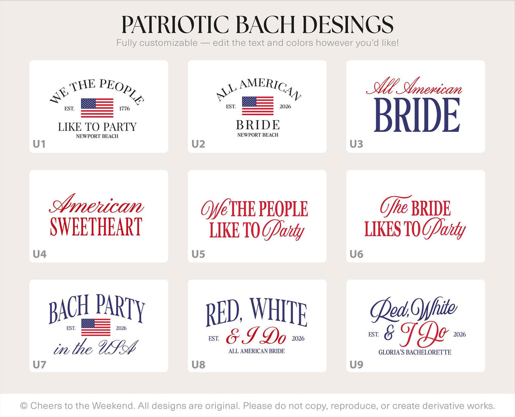 Patriotic Group Hats, USA Bachelorette Hats, 4th of July Party hats, Fourth of July Bach Hats, American Bride