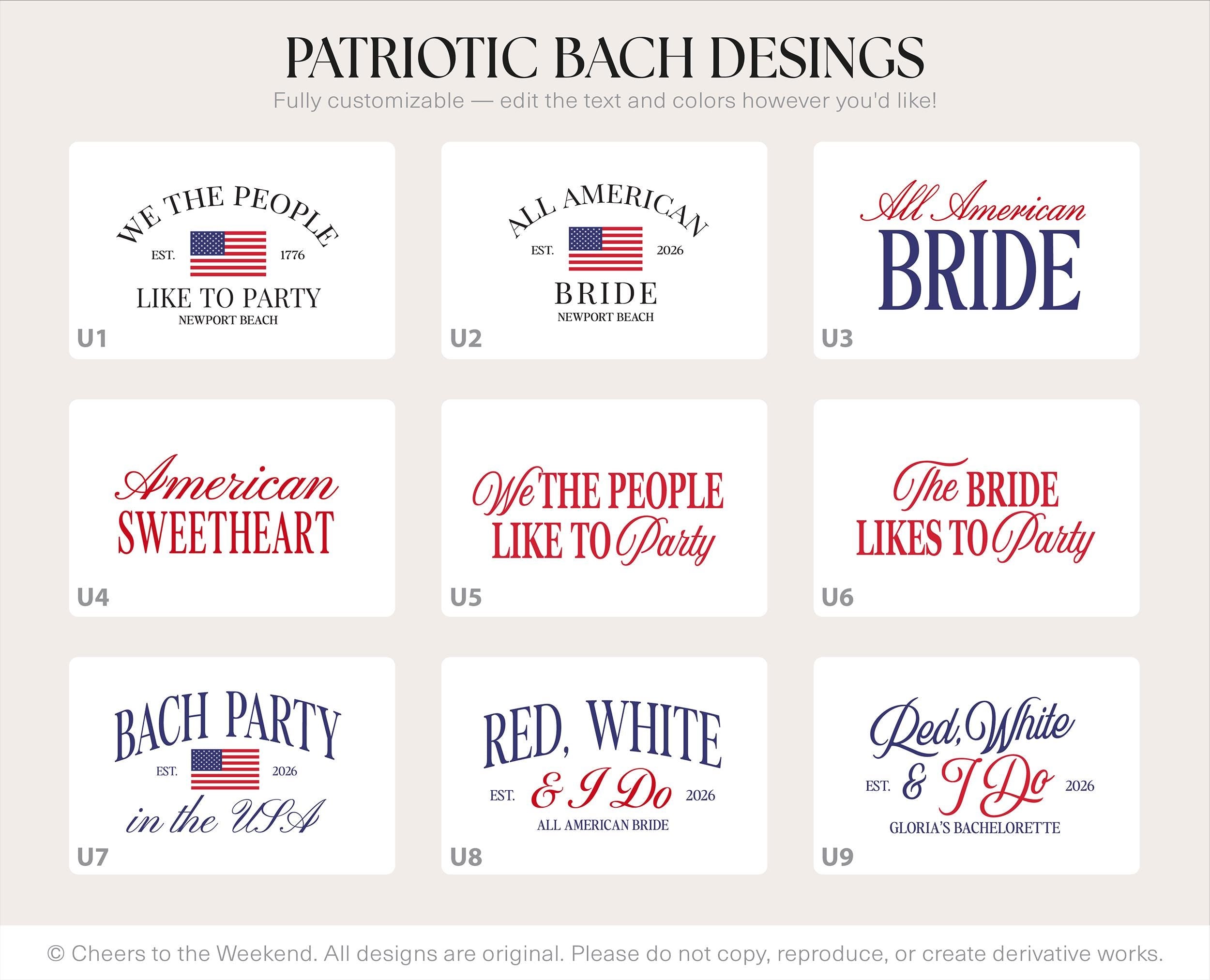 Patriotic Group Hats, USA Bachelorette Hats, 4th of July Party hats, Fourth of July Bach Hats, American Bride