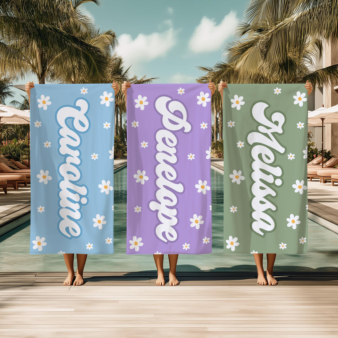 Personalized Daisy Beach Towel, Custom Name Retro Bath Towel, Bachlorette Gift, Kids Beach Towel