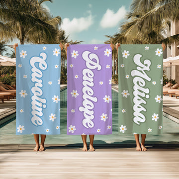 Personalized Daisy Beach Towel, Custom Name Retro Bath Towel, Bachlorette Gift, Kids Beach Towel