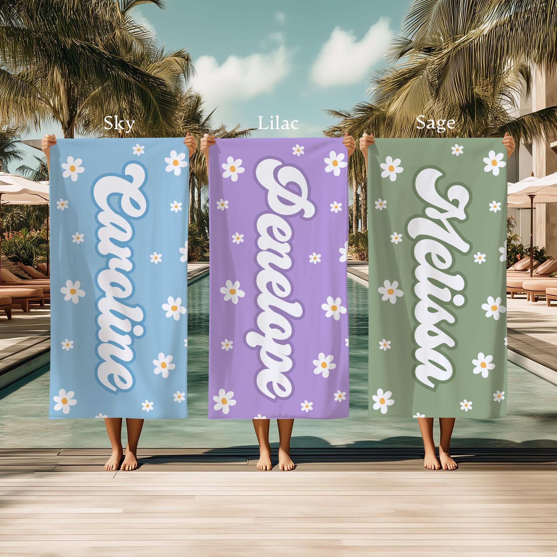 Personalized Kids Beach Towel, Groovy Custom Name Bath Towel, Bachlorette Gift, Daisy Beach Towel