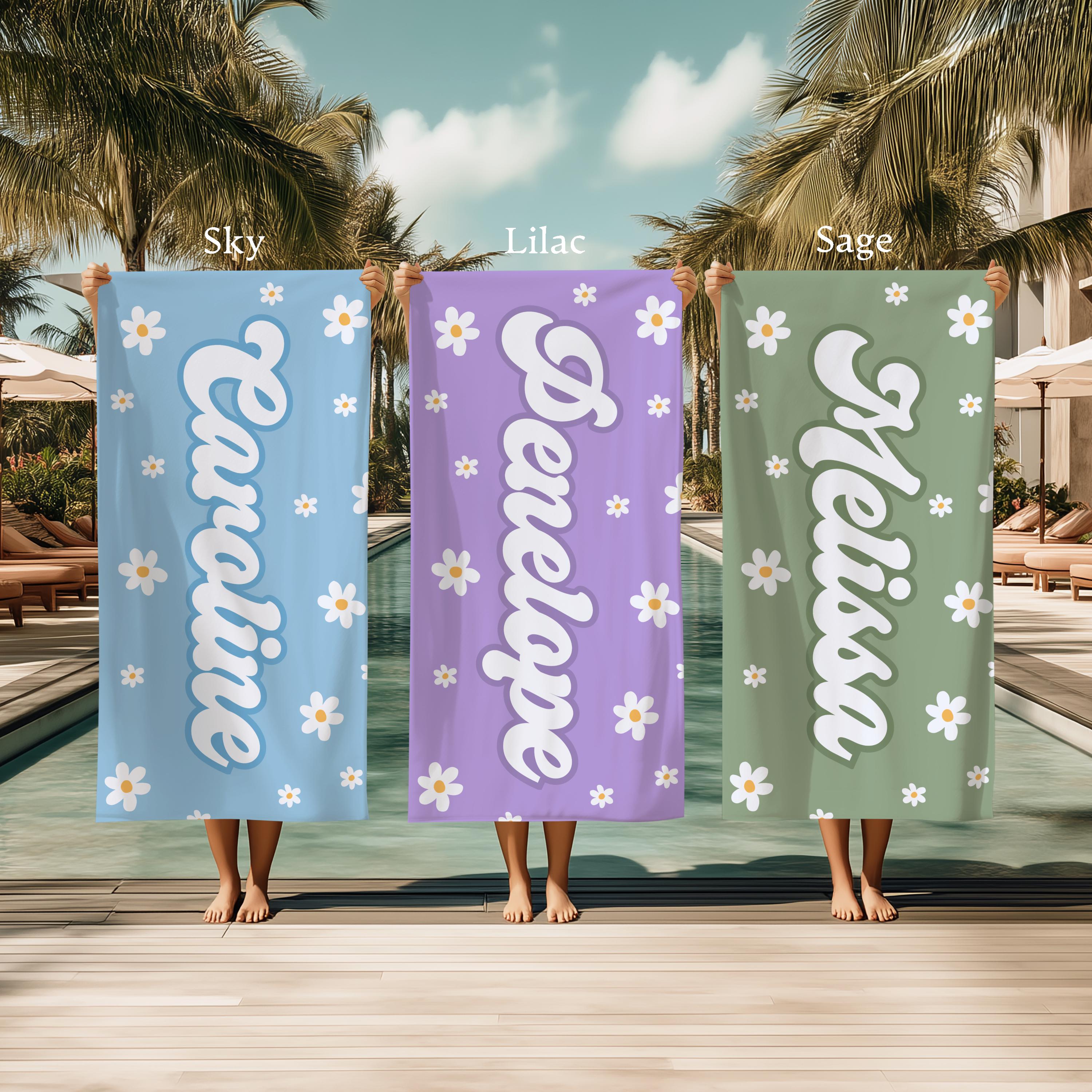 Personalized Kids Beach Towel, Groovy Custom Name Bath Towel, Bachlorette Gift, Daisy Beach Towel