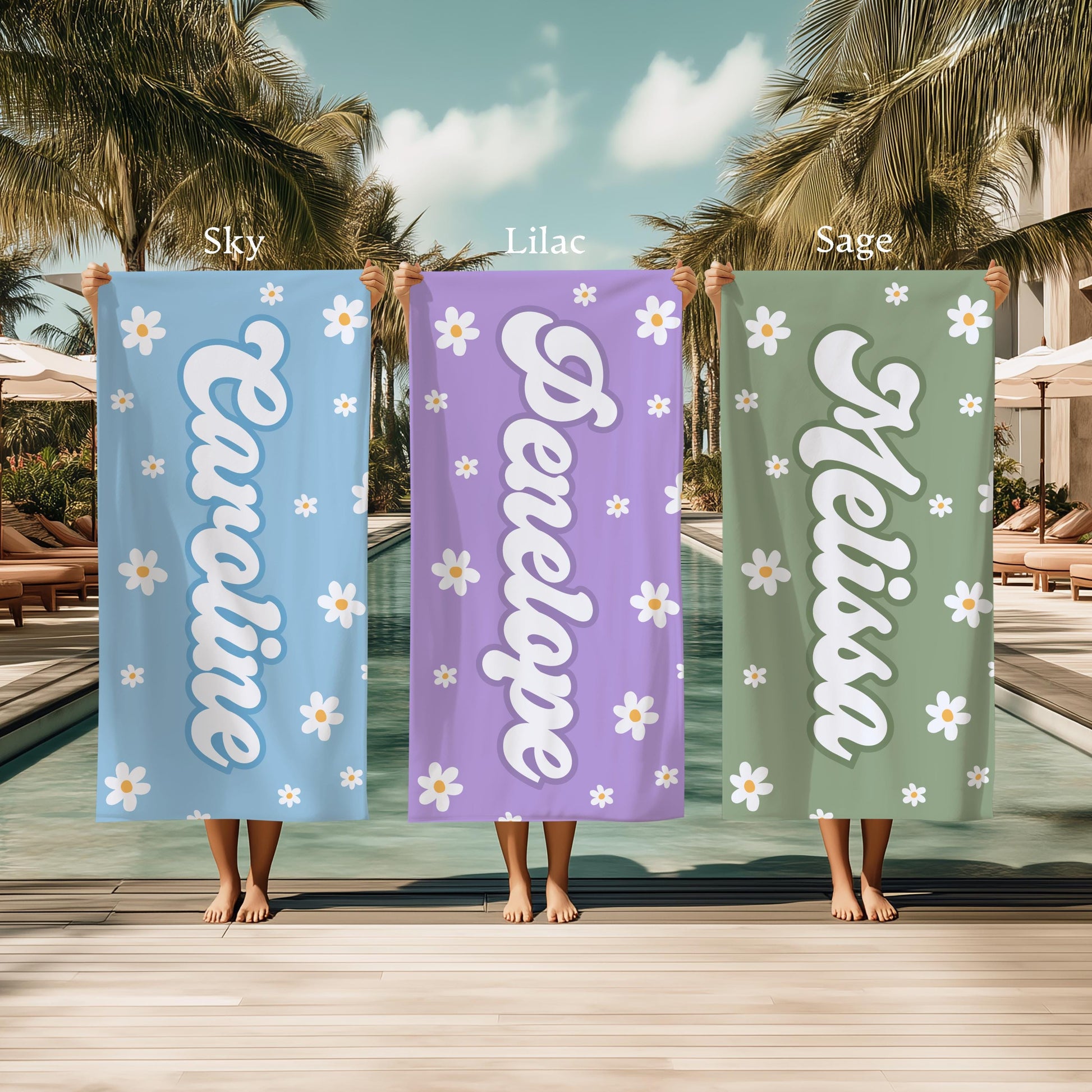 Personalized Daisy Beach Towel, Custom Name Retro Bath Towel, Bachlorette Gift, Kids Beach Towel